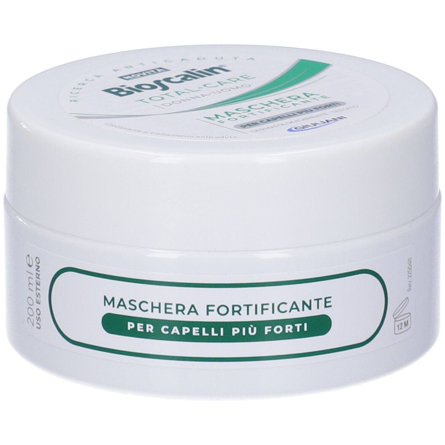 Vasetto bianco con etichetta verde. Scritta: Maschera Fortificante, Bioscalin, Total-Care. 200 ml.