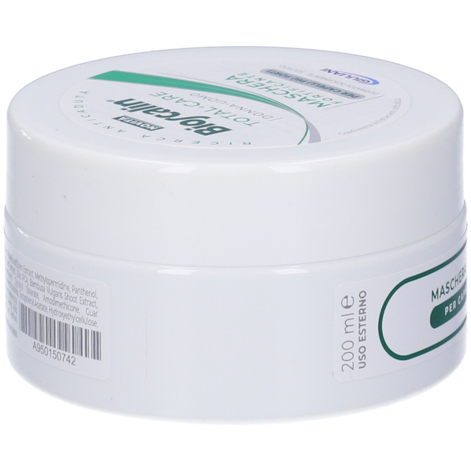 Vasetto bianco con etichetta verde. Scritta: Maschera Fortificante, Bioscalin, Total-Care. 200 ml.