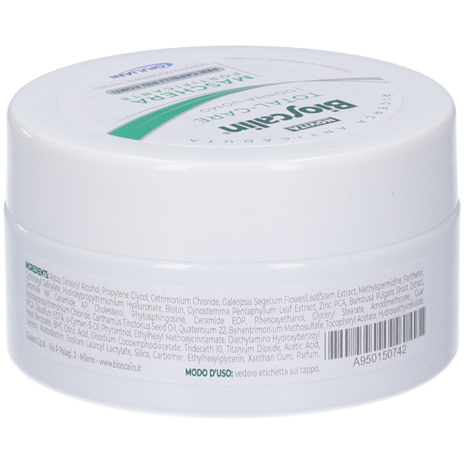 Vasetto bianco con etichetta verde. Scritta: Maschera Fortificante, Bioscalin, Total-Care. 200 ml.