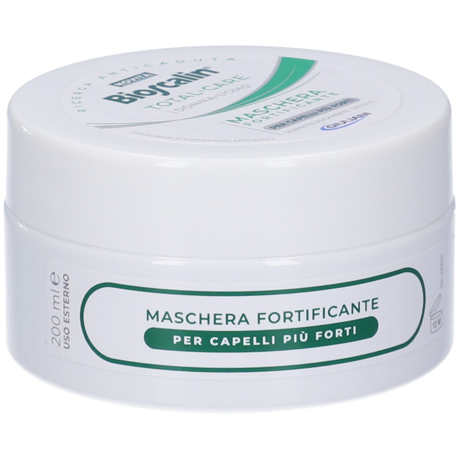 Vasetto bianco con etichetta verde. Scritta: Maschera Fortificante, Bioscalin, Total-Care. 200 ml.