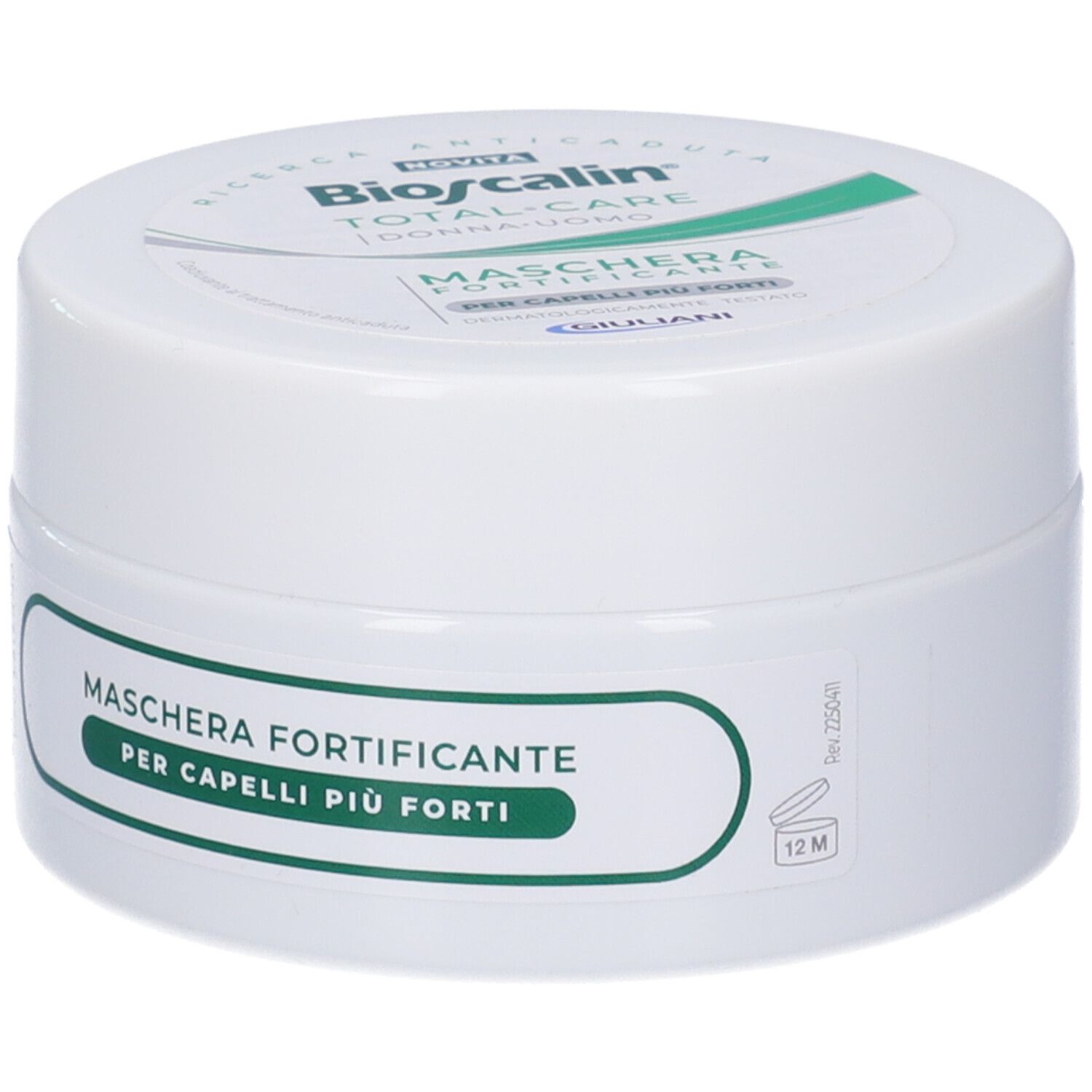 Vasetto bianco con etichetta verde. Scritta: Maschera Fortificante, Bioscalin, Total-Care. 200 ml.