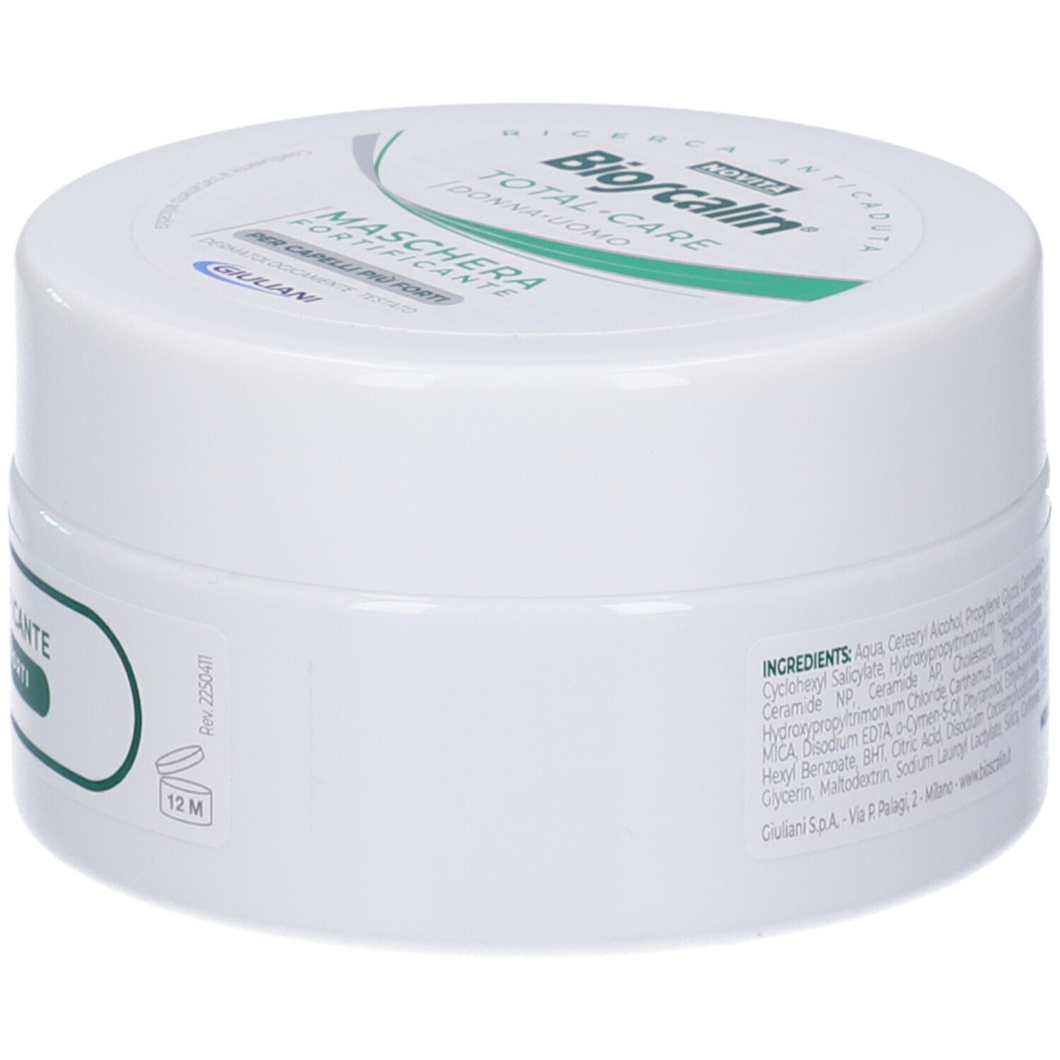 Vasetto bianco con etichetta verde. Scritta: Maschera Fortificante, Bioscalin, Total-Care. 200 ml.