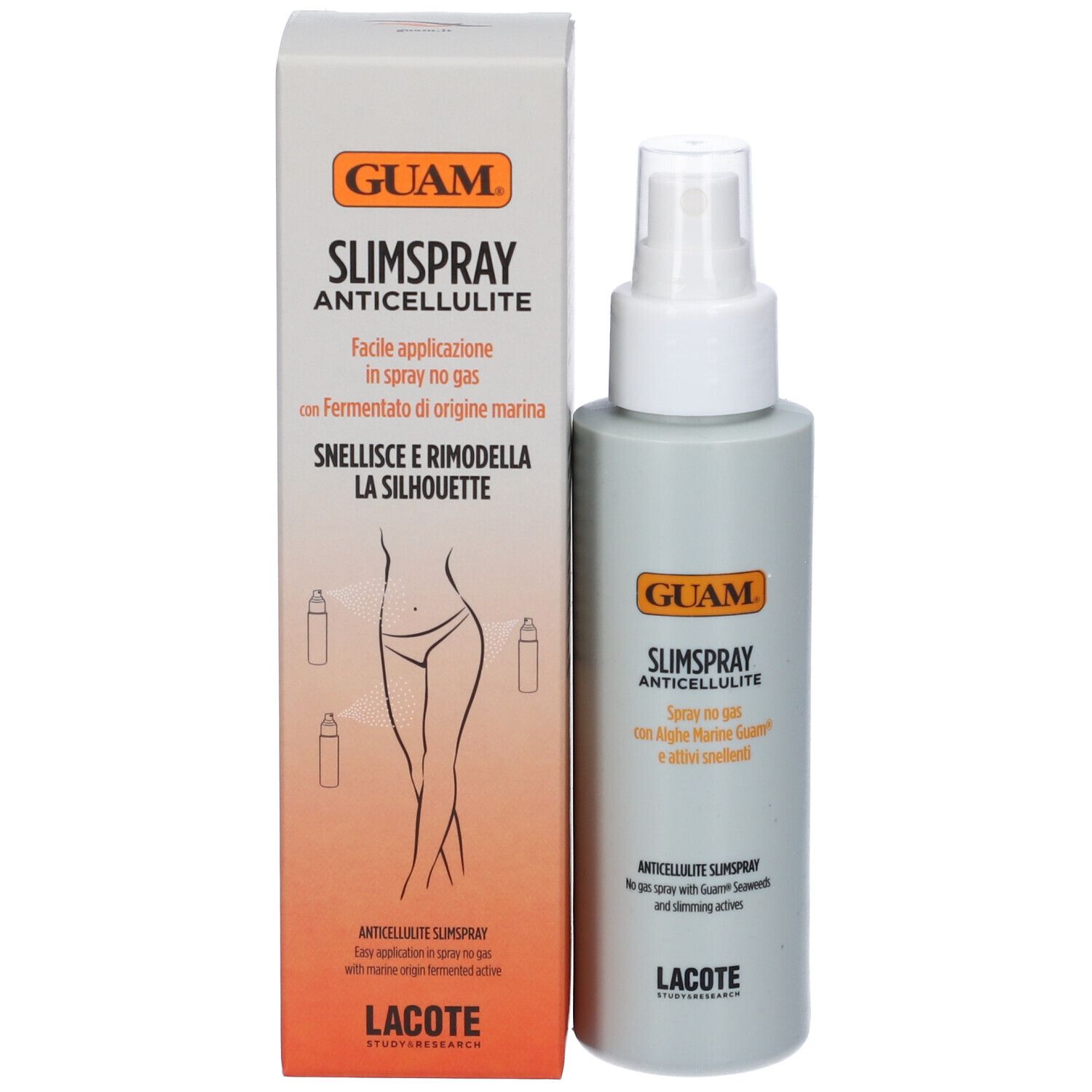 Prodotto e confezione. Flacone spray grigio e scatola rettangolare. Marchio GUAM e nome del prodotto sulla confezione.