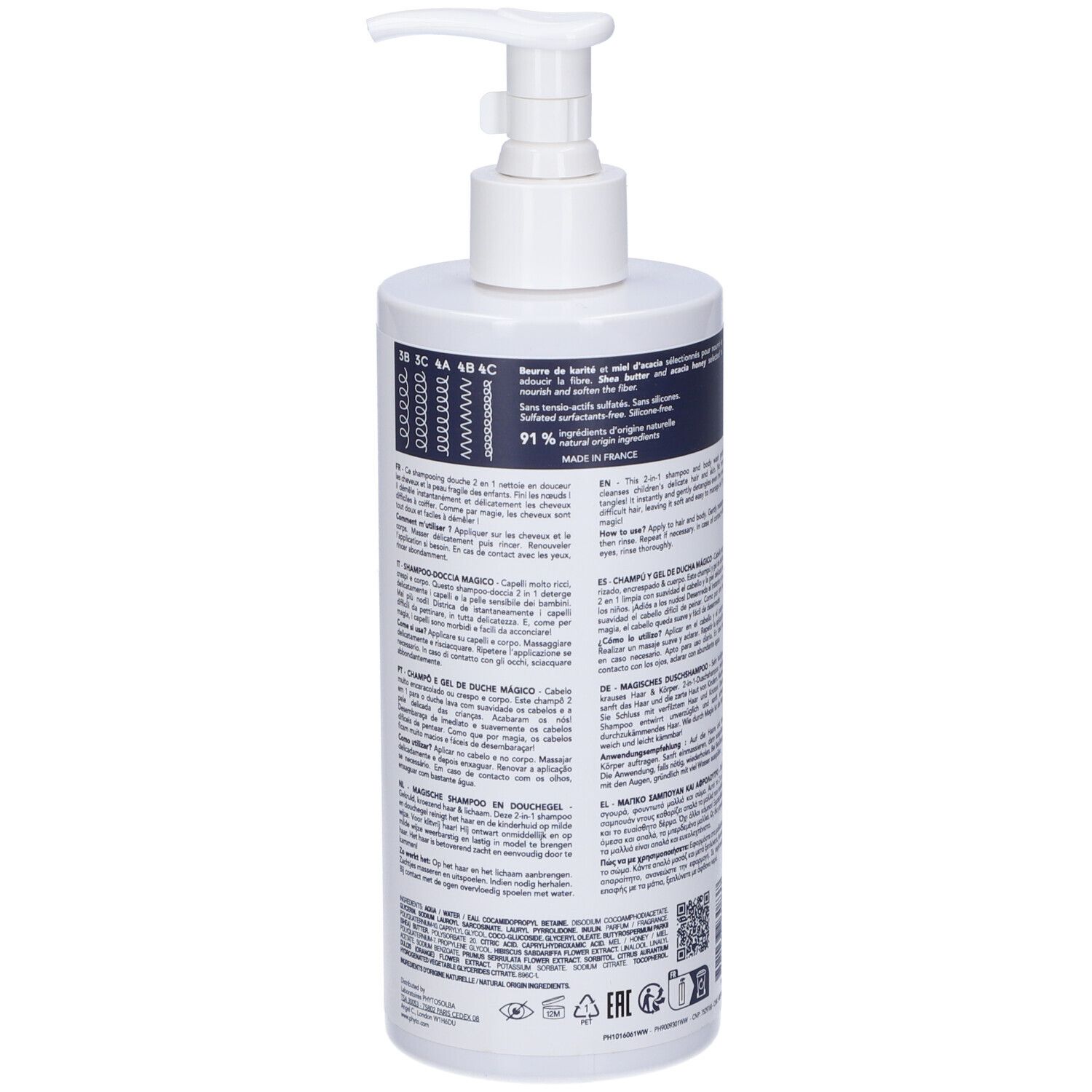 Flacone bianco con dosatore. Retro con testo multilingue. 91% ingredienti di origine naturale.