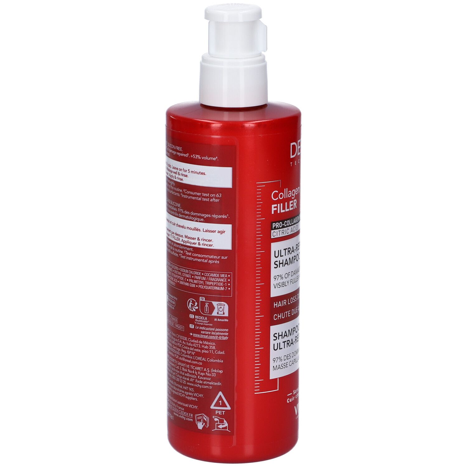 Flacone rosso con erogatore a pompa, scritta 'Collagen Filler Ultra Rich Shampoo'.