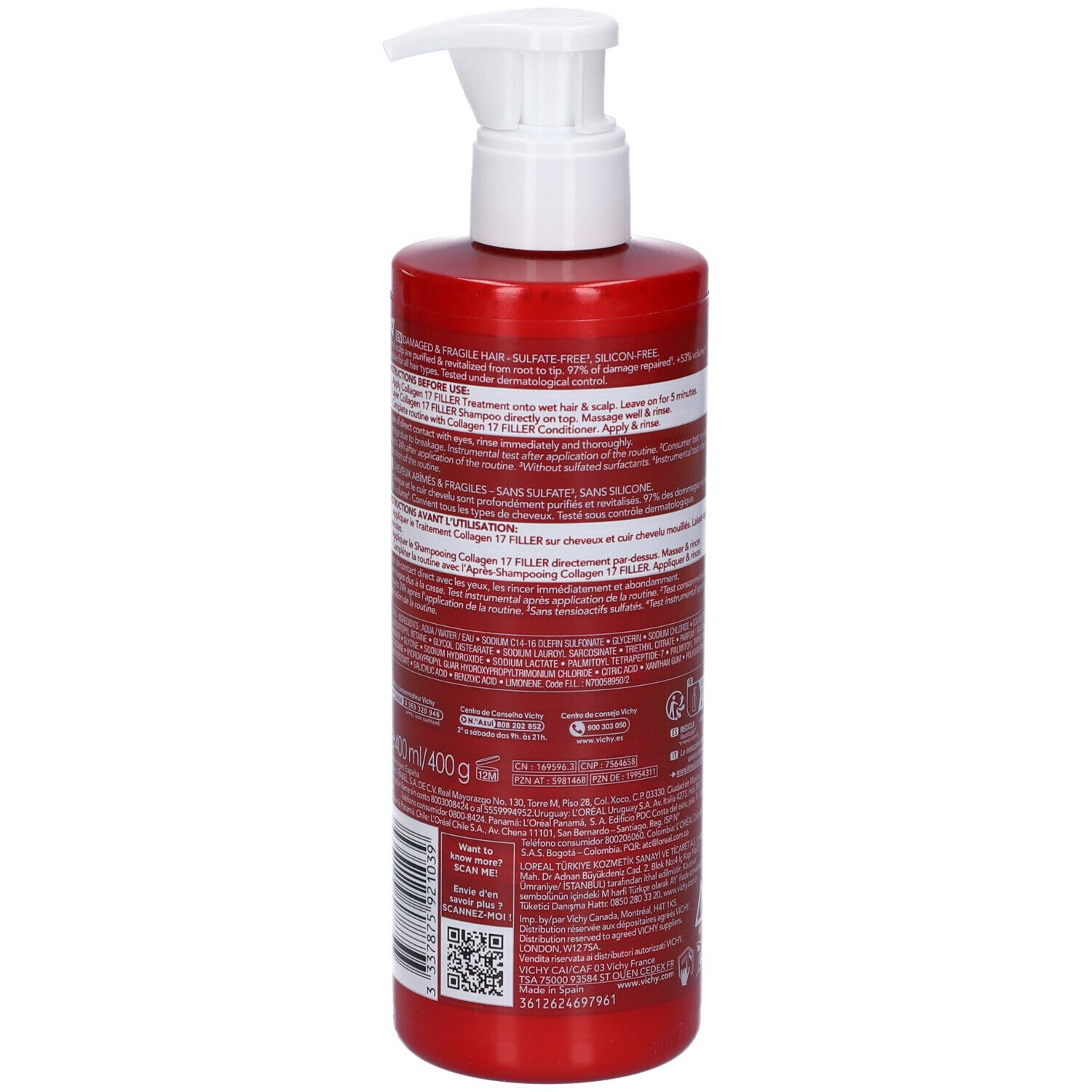 Flacone rosso con pompa ed etichetta bianca, 400g.