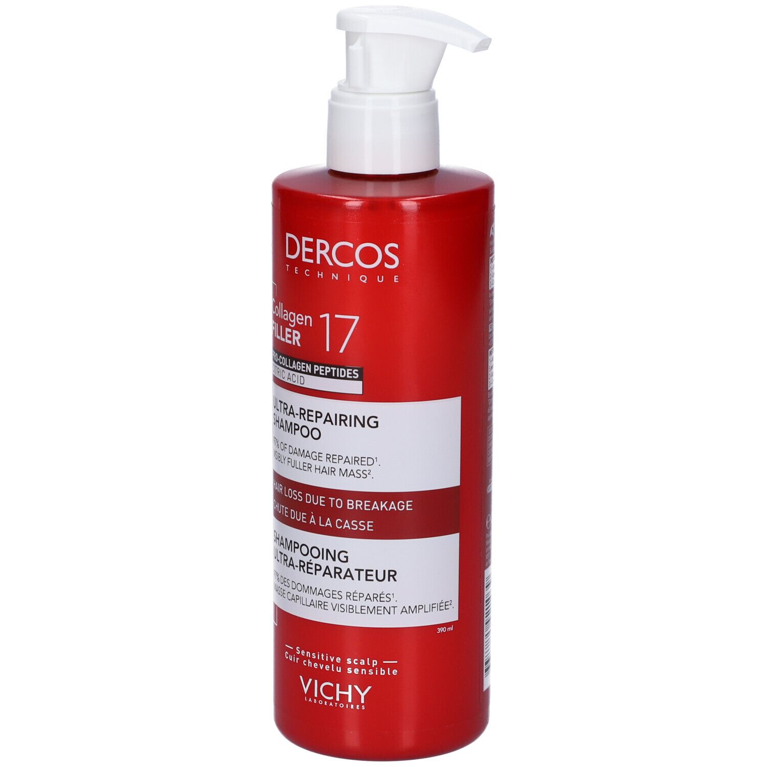 Flacone rosso con dispenser bianco, Dercos Technique Collagen Filler 17 Shampoo Ultra Riparatore.
