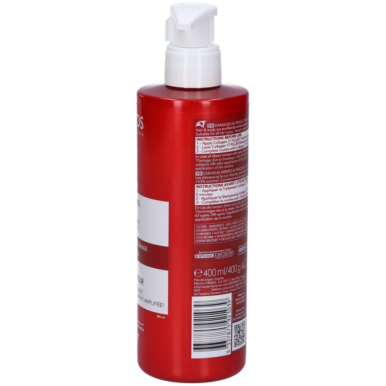 Flacone rosso con pompa, etichette bianche e beccuccio bianco. Contiene 400 ml.