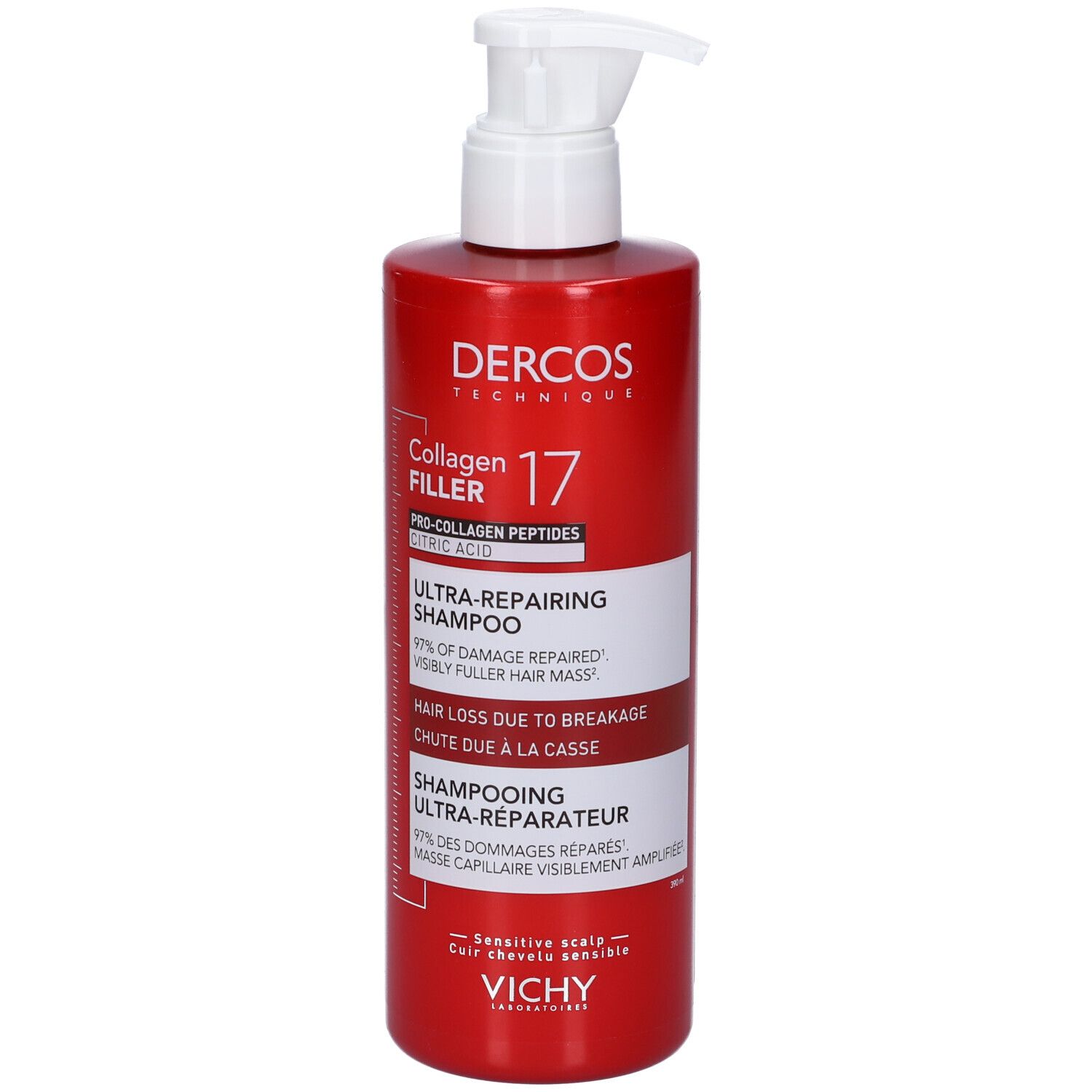 Flacone rosso con erogatore bianco: Dercos Collagen Filler 17 Shampoo Ultra-Riparatore per perdita di capelli dovuta a rottura.