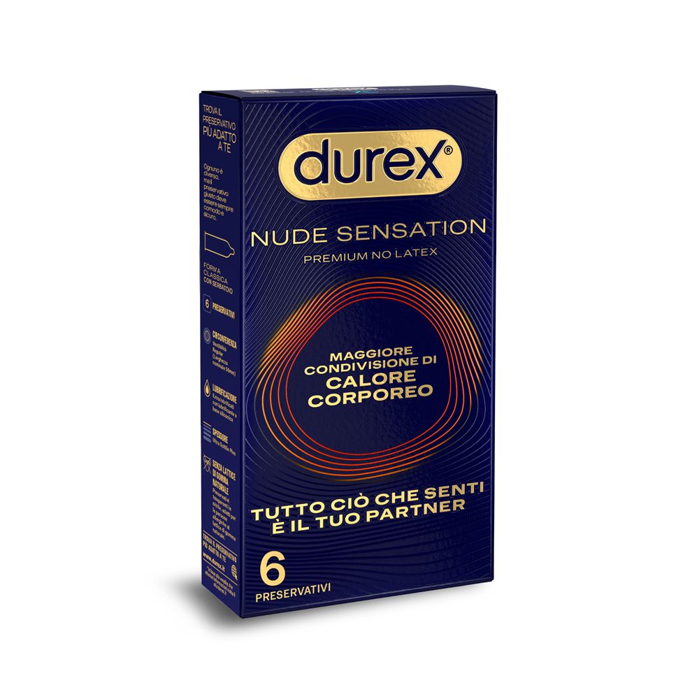 Confezione Durex Nude Sensation con 6 preservativi. Scritta: Premium No Latex. Maggiore condivisione di calore corporeo.