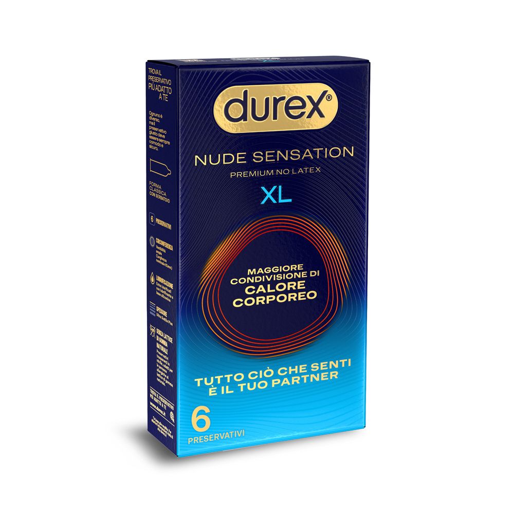 Scatola Durex Nude Sensation XL. Contiene 6 preservativi. Premium senza lattice. Scritta: Maggiore condivisione di calore corporeo.