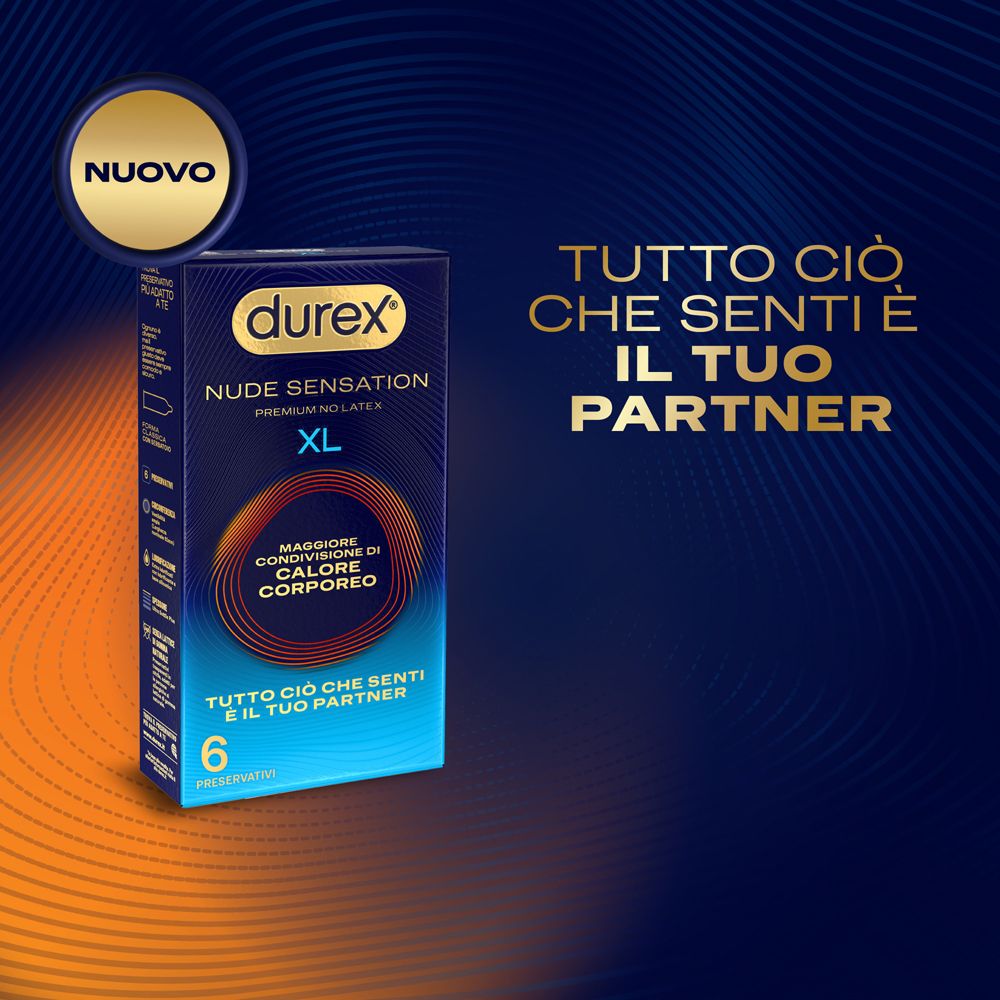 Scatola Durex Nude Sensation XL. Contiene 6 preservativi. Premium senza lattice. Scritta: Maggiore condivisione di calore corporeo. Con etichetta 'Nuovo'.