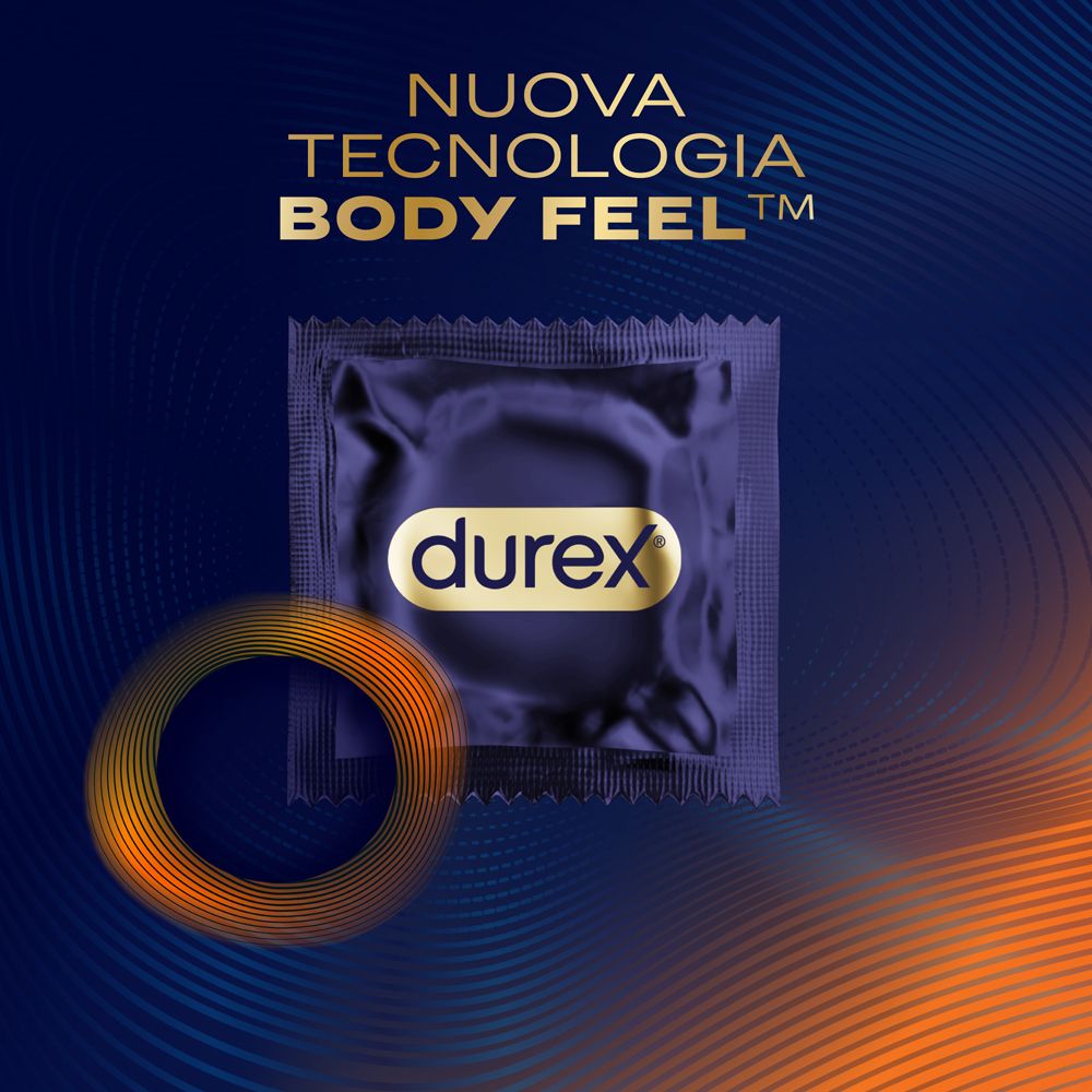 Confezione di un preservativo Durex. Scritta: Durex. Nuova tecnologia Body Feel. Preservativo in confezione scura.