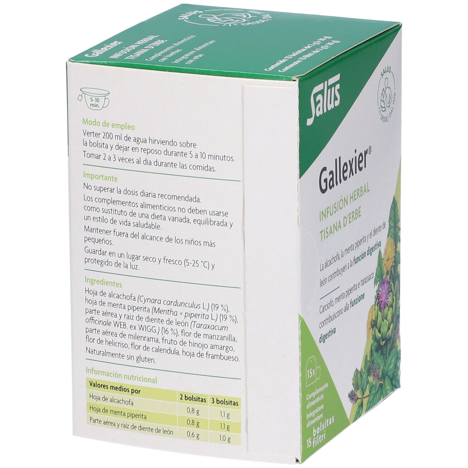 Retro della confezione Salus Gallexier. Contiene informazioni su uso, ingredienti e valori nutrizionali. Testo multilingue.