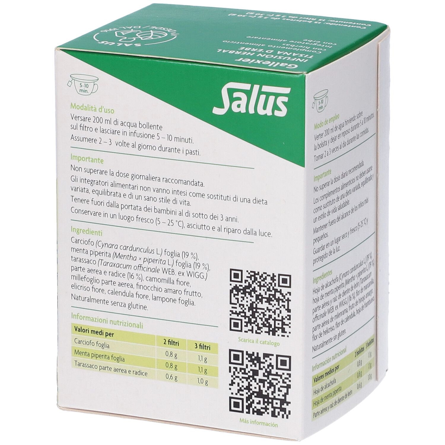 Retro della confezione Salus Gallexier. Contiene informazioni su uso, ingredienti e valori nutrizionali. Codici QR.