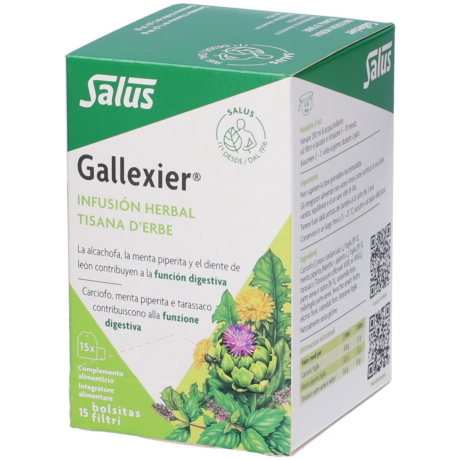Scatola Salus Gallexier, vista obliqua. Scritto: Infusion Herbal, 15 bustine. Illustrazioni di piante.