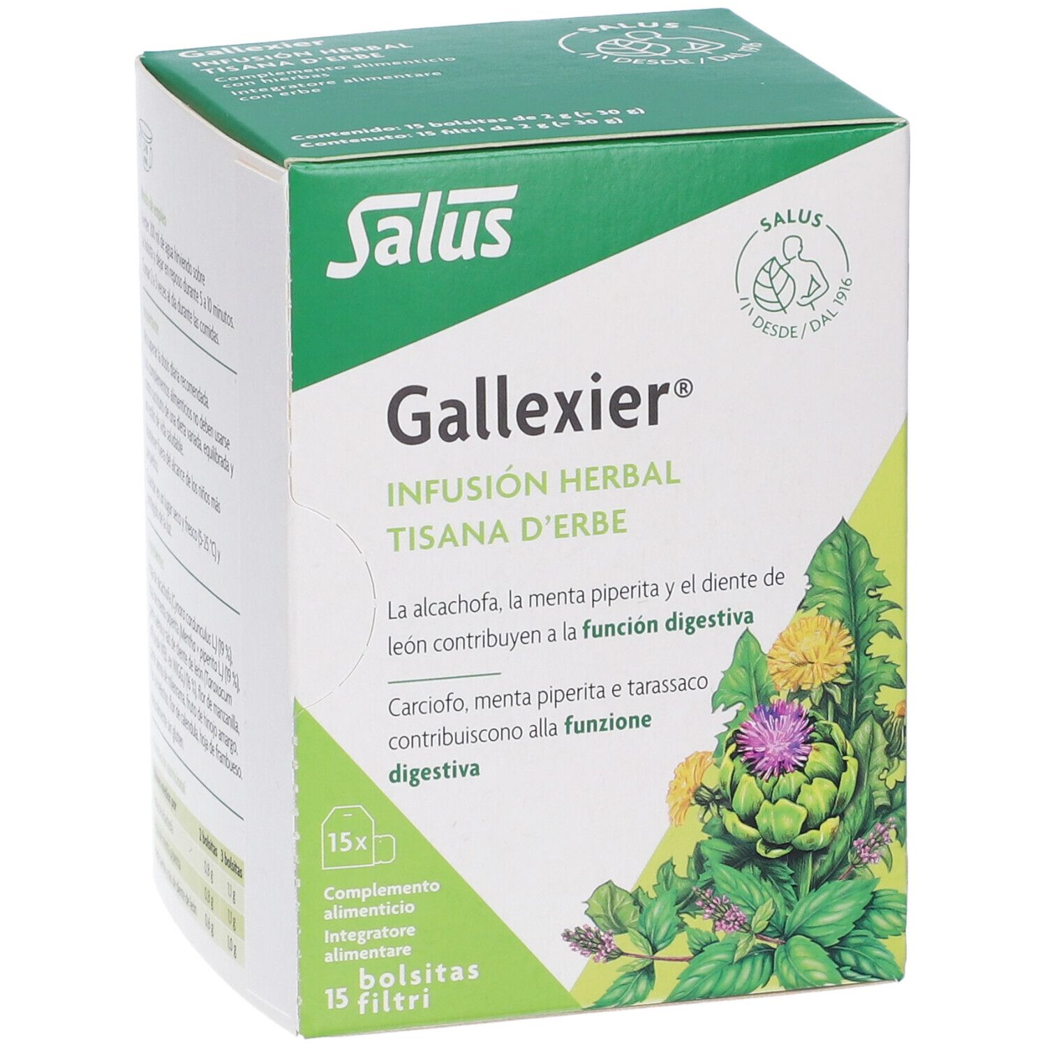 Scatola Salus Gallexier, vista obliqua. Scritto: Infusion Herbal, 15 bustine. Illustrazioni di piante.