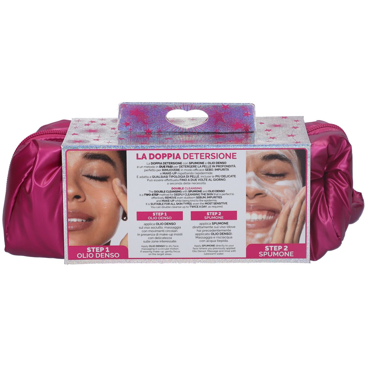 Retro della confezione del prodotto. Immagini di volti. Testo: LA DOPPIA DETERSIONE. Fase 1: OLIODENSO, Fase 2: SPUMONE.