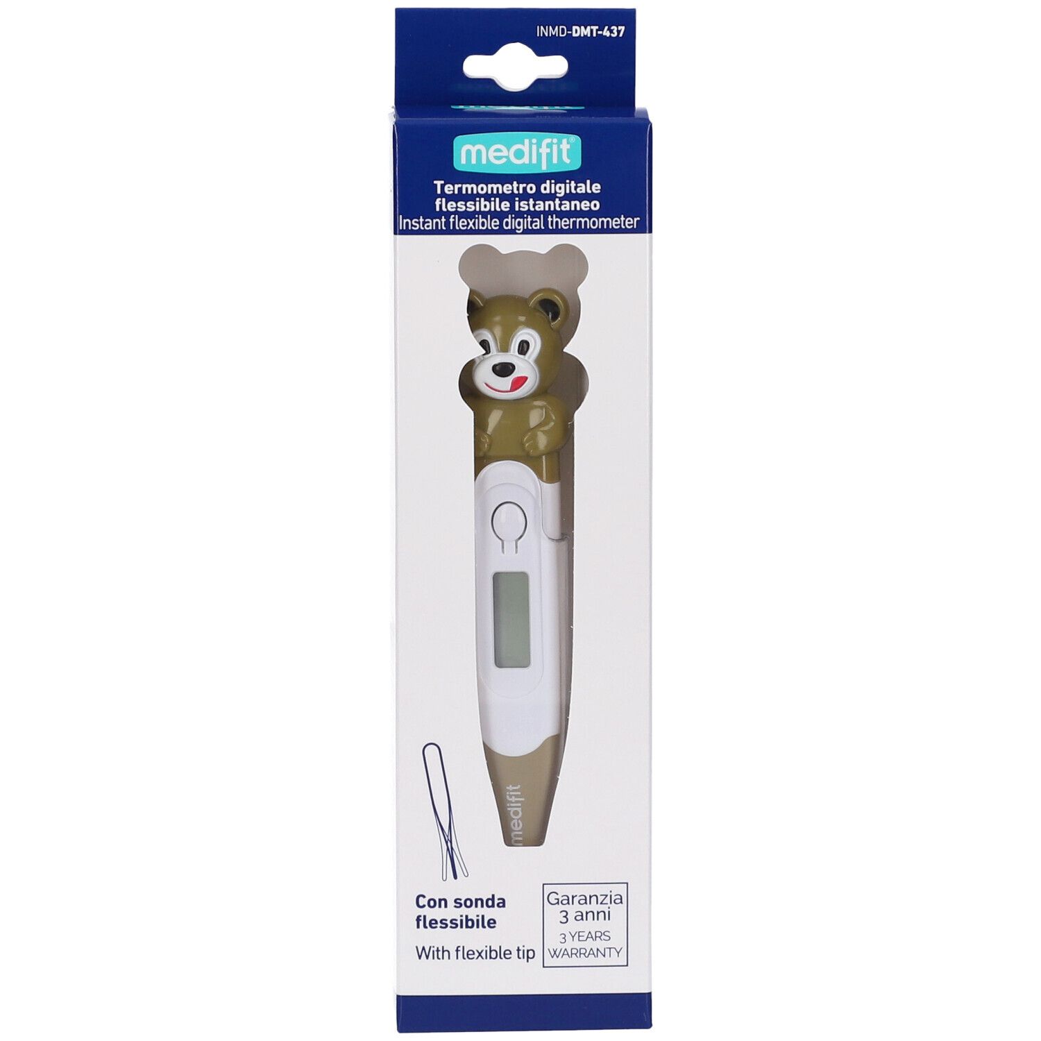 Termometro digitale in confezione. Punta flessibile, design orso. Indicazione garanzia.