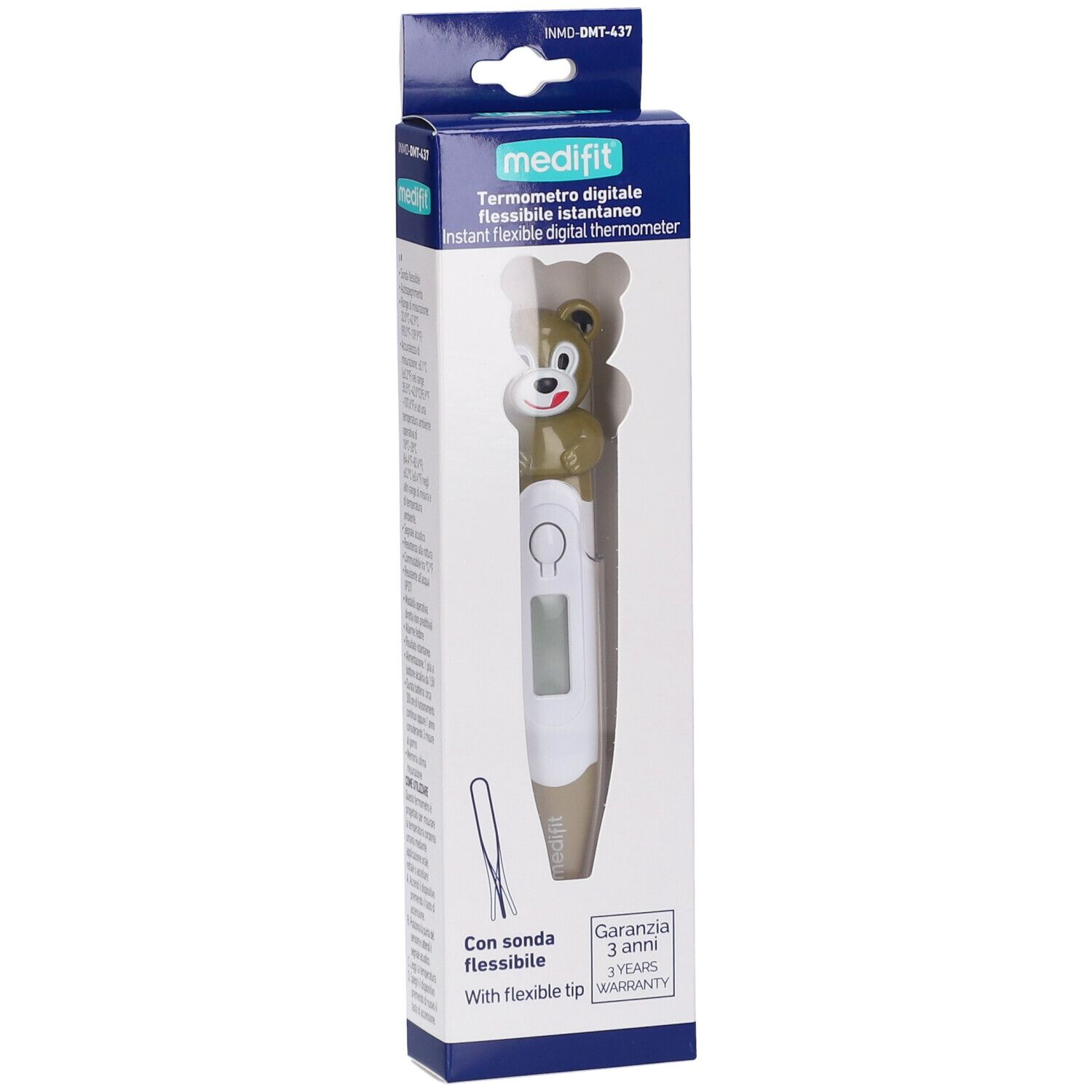 Termometro digitale in confezione. Punta flessibile, design orso. Indicazione garanzia.