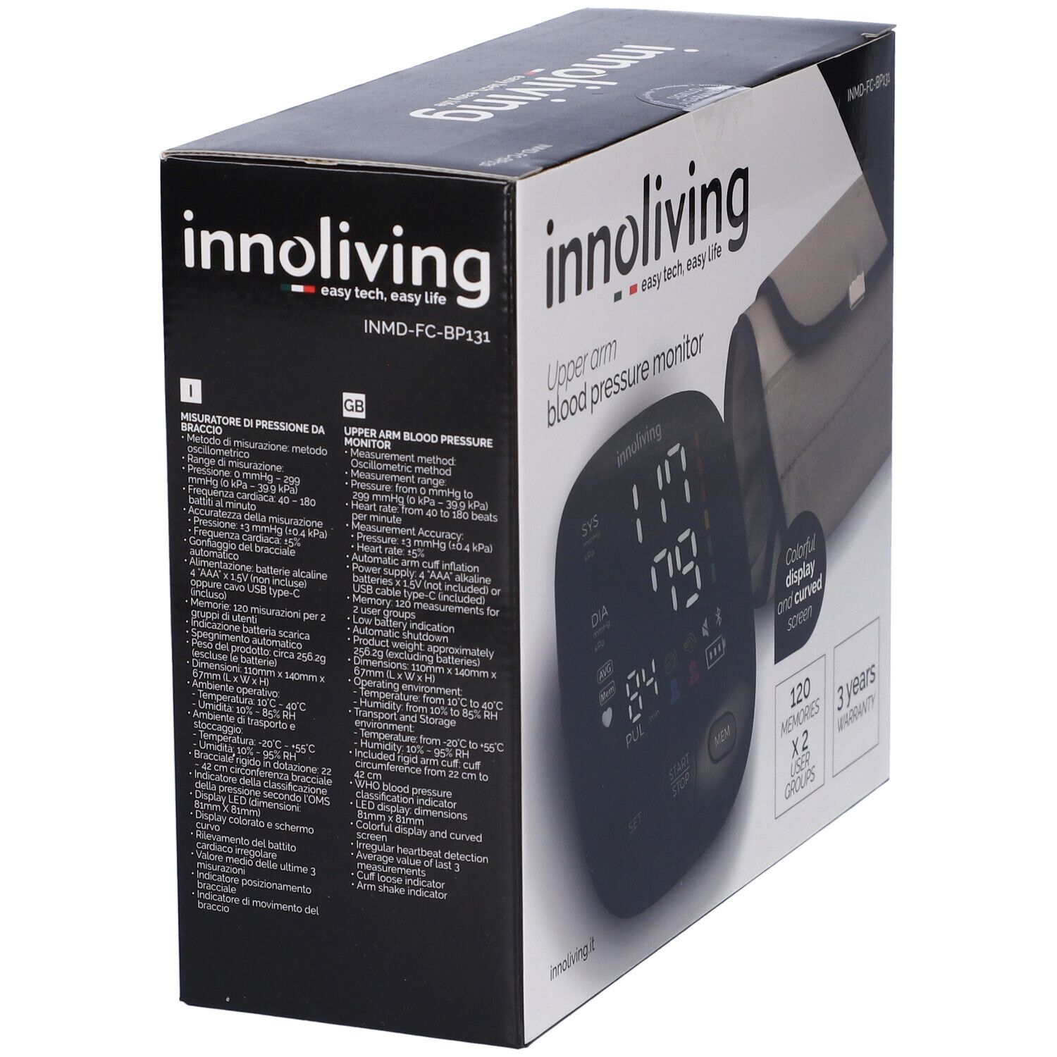 Confezione misuratore di pressione. Nome del prodotto, specifiche tecniche e informazioni sulla garanzia visibili.