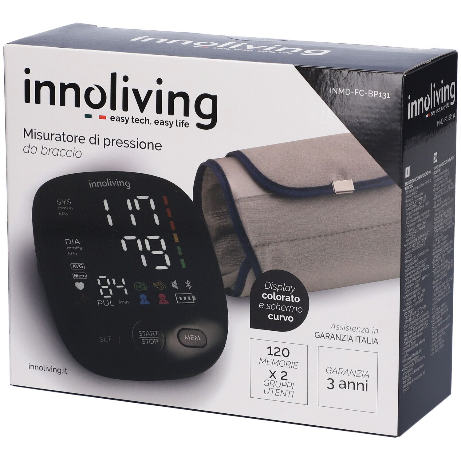 Confezione misuratore di pressione. Nome del prodotto, display e bracciale visibili.