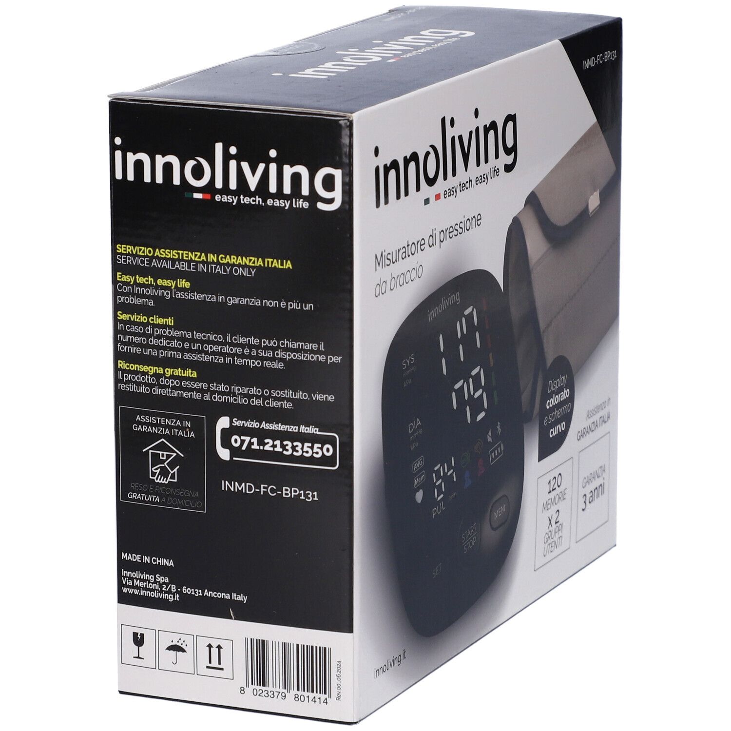 Confezione misuratore di pressione. Nome del prodotto, display e informazioni sulla garanzia visibili.