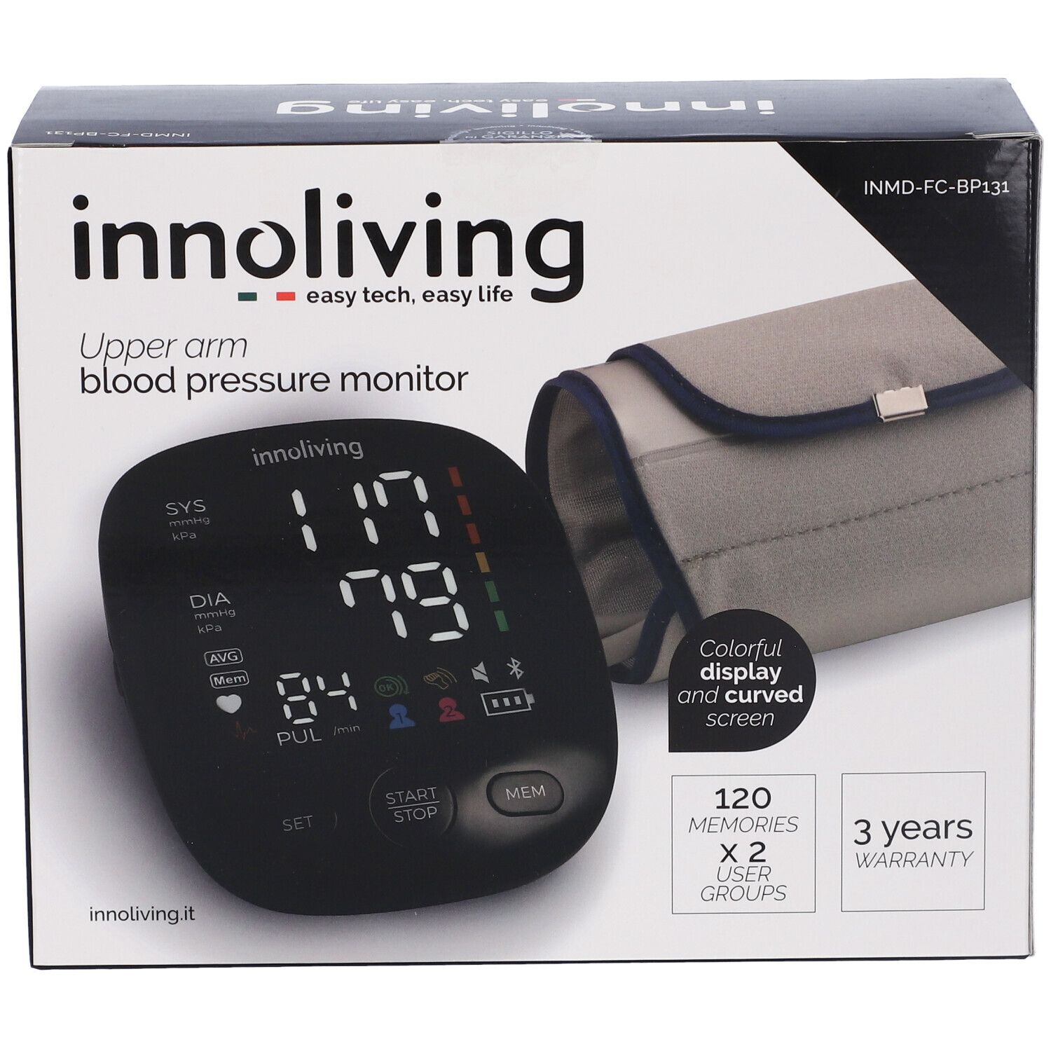 Misuratore di pressione con display e bracciale. Confezione con nome del prodotto e informazioni sulla garanzia.