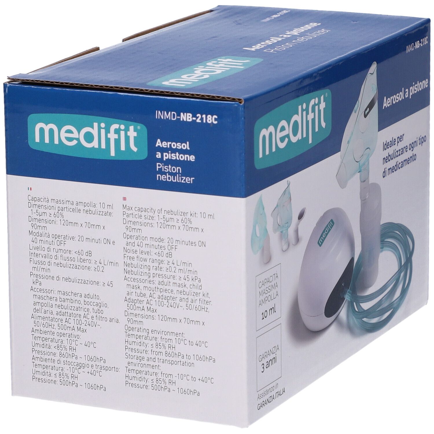 Medifit Aerosol A Pistone. Confezione con inalatore, maschera e tubo. La scatola mostra specifiche tecniche e garanzia.