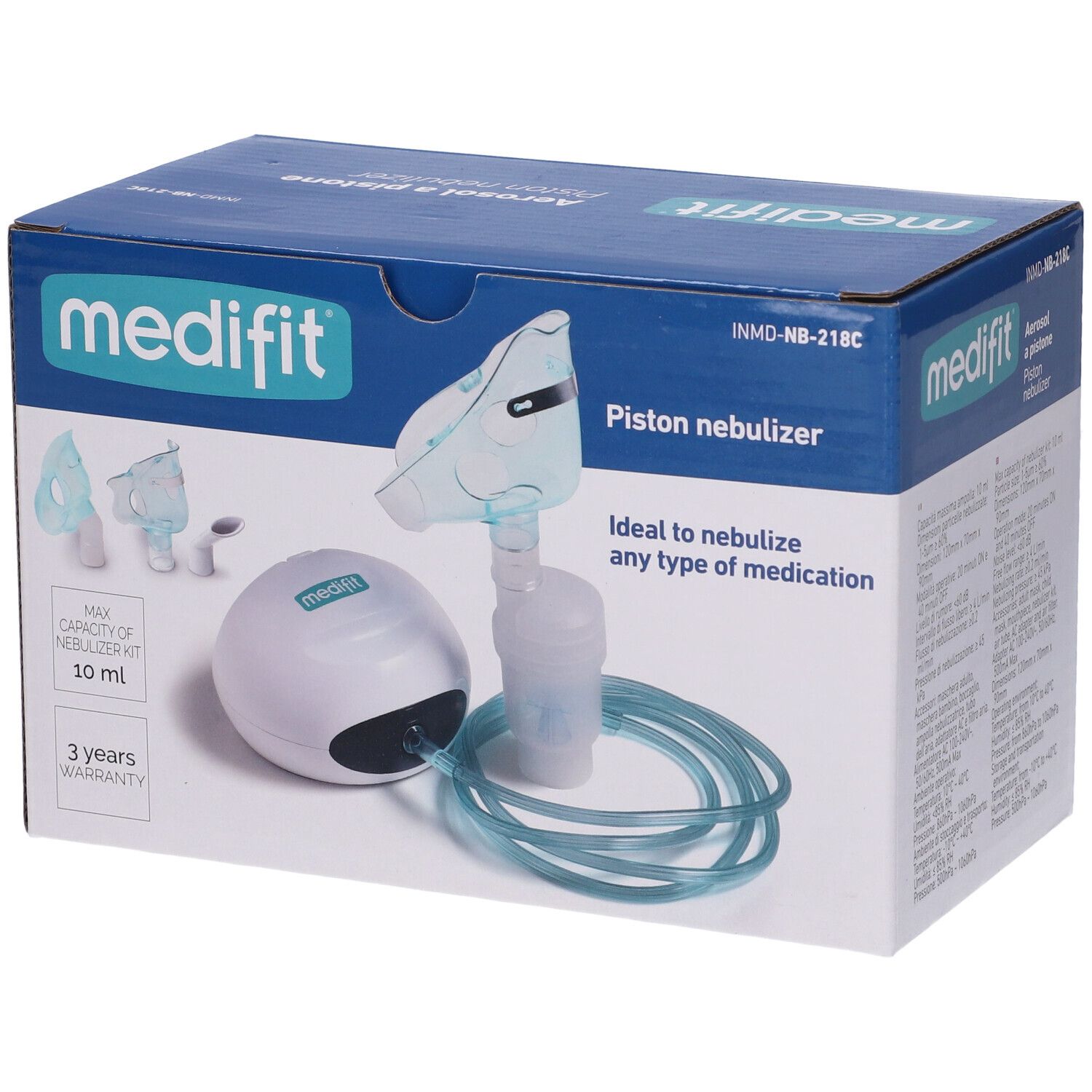 Medifit Aerosol A Pistone. Confezione con inalatore, maschera e tubo. La scatola mostra il nome del prodotto e testo.