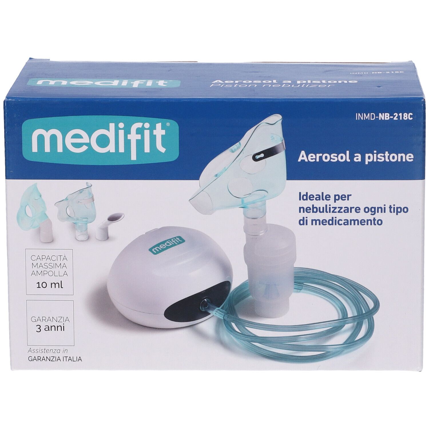 Medifit Aerosol A Pistone. Confezione con inalatore, maschera e tubo. La scatola mostra il prodotto e gli accessori.