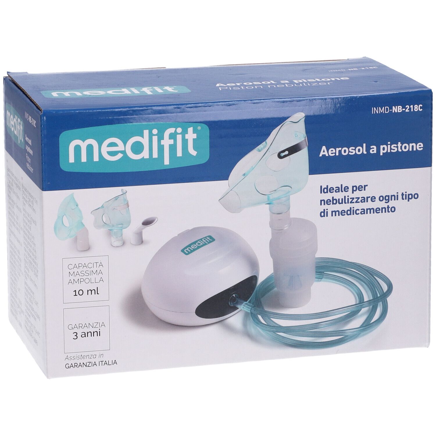 Medifit Aerosol A Pistone. Confezione con inalatore, maschera e tubo. La scatola mostra il prodotto e gli accessori.