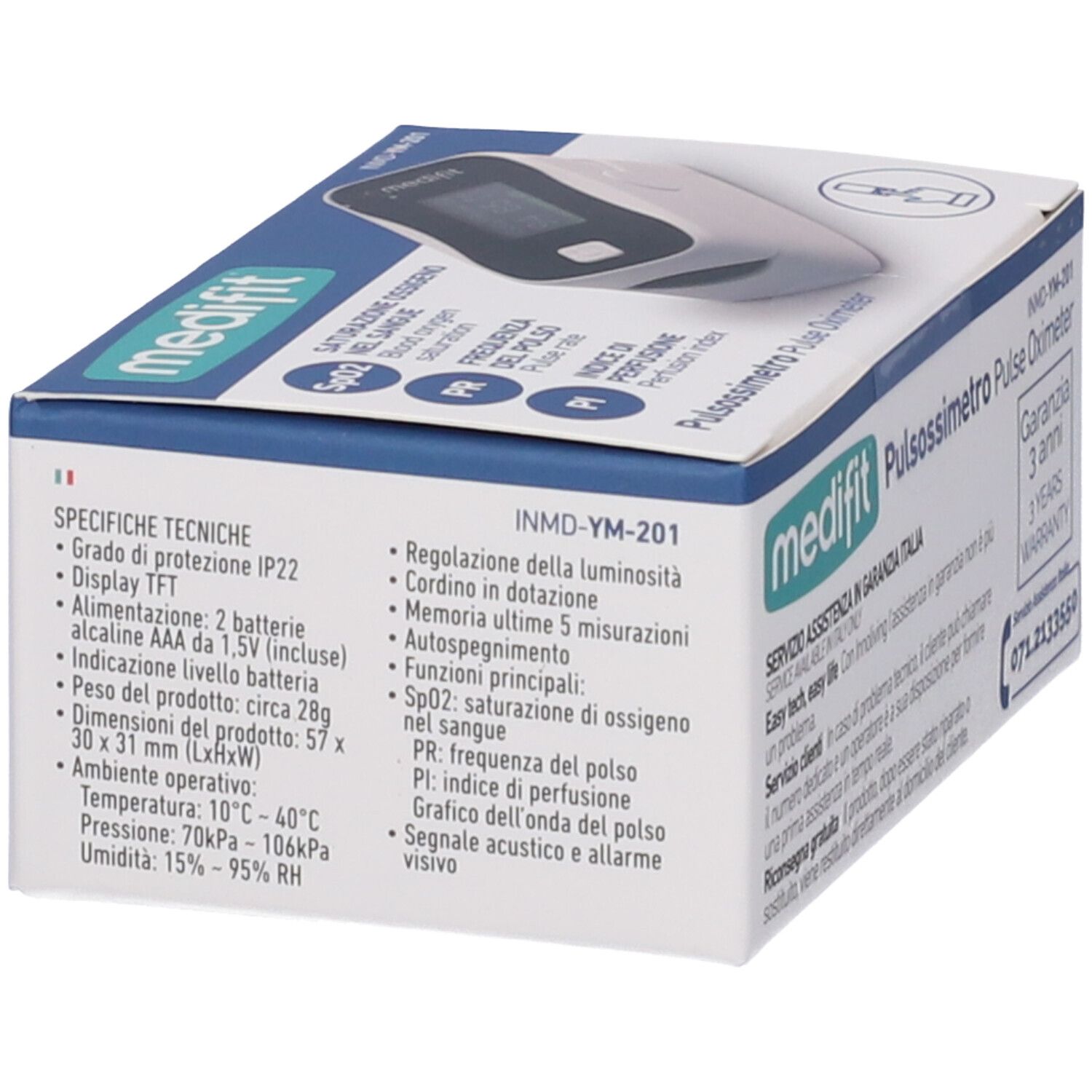 Vista laterale della confezione di un Medifit Pulsossimetro. Specifiche tecniche e funzioni stampate. Il dispositivo è raffigurato in alto.