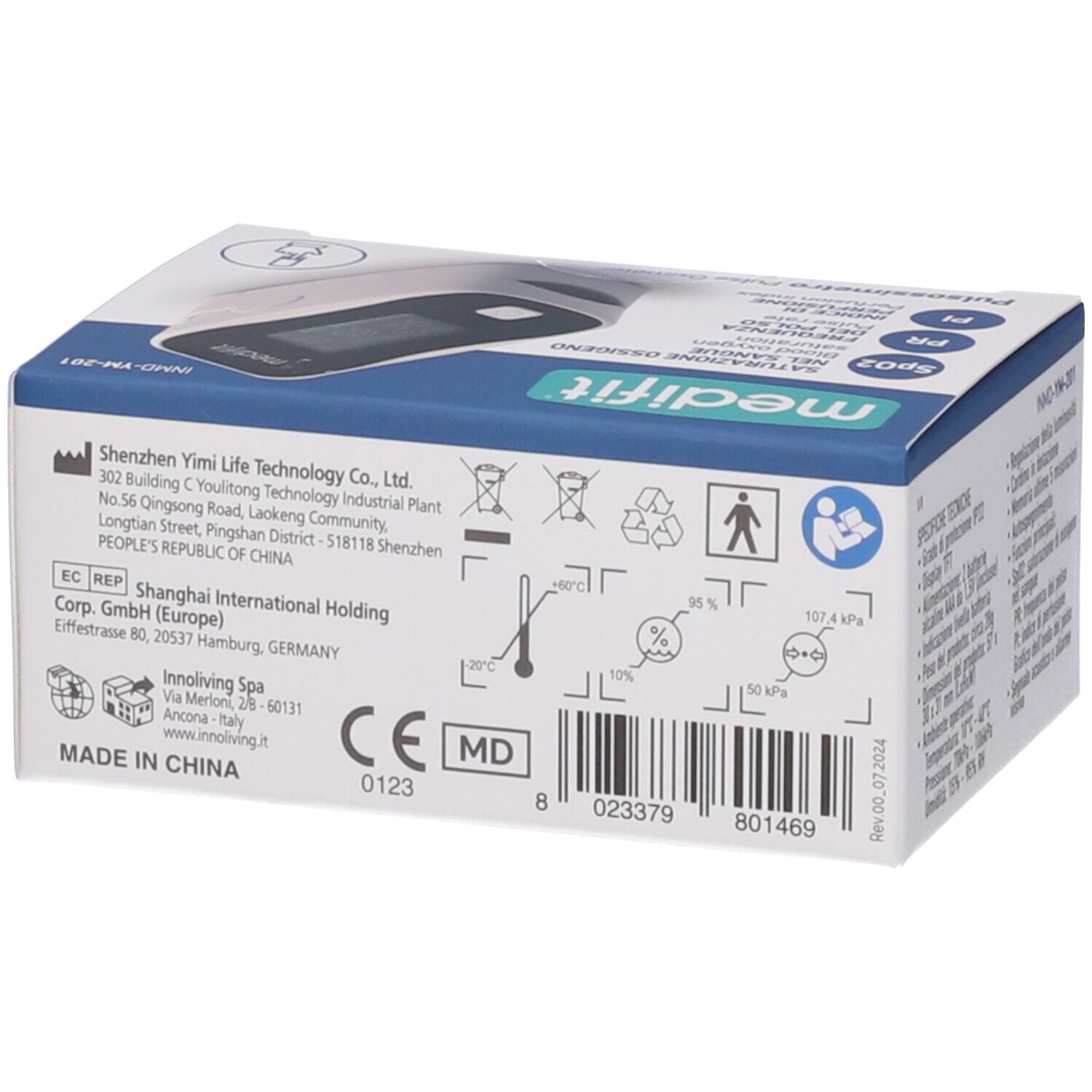 Retro della confezione di un Medifit Pulsossimetro. Informazioni sul produttore, marchio CE e simboli di riciclaggio sono raffigurati.