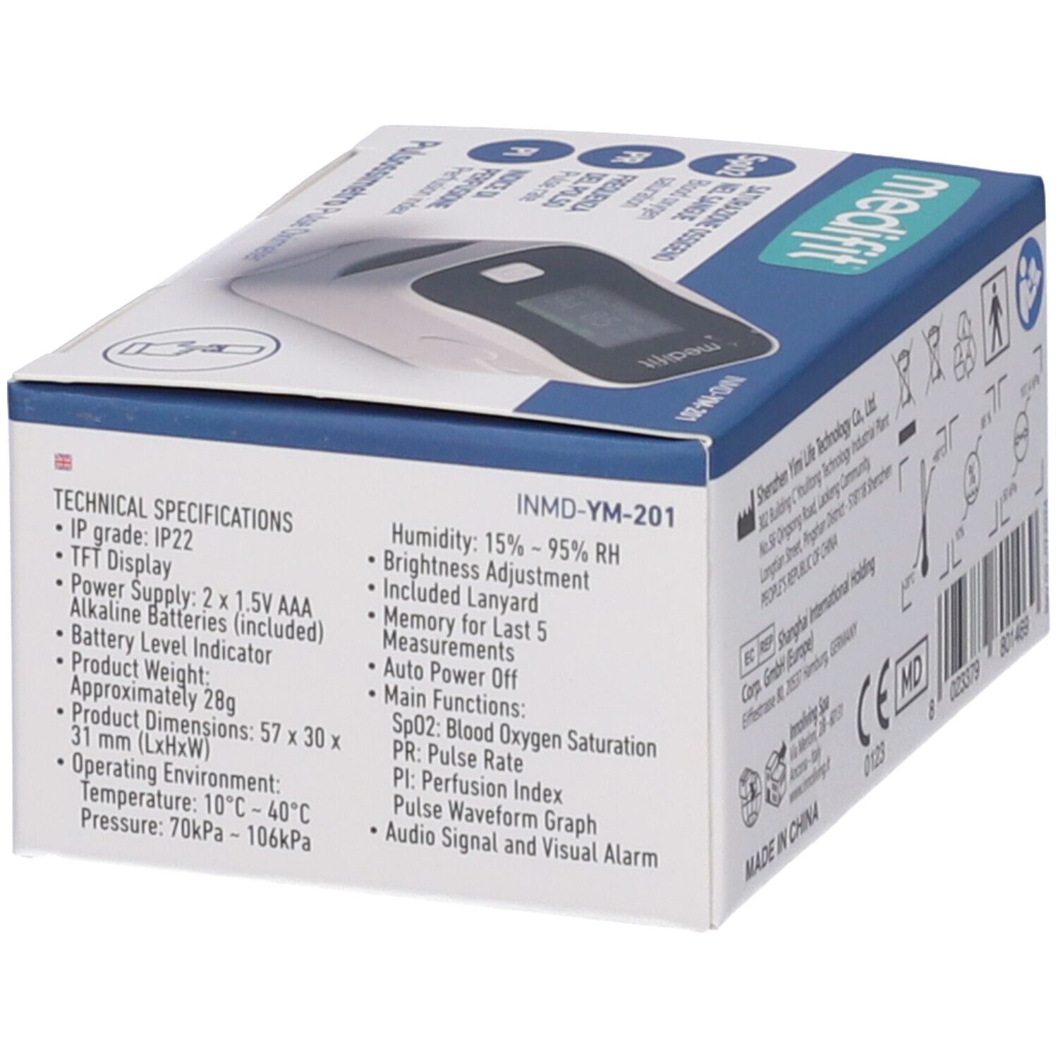 Vista laterale della confezione di un Medifit Pulsossimetro. Specifiche tecniche, funzioni e marchio CE sono stampati.