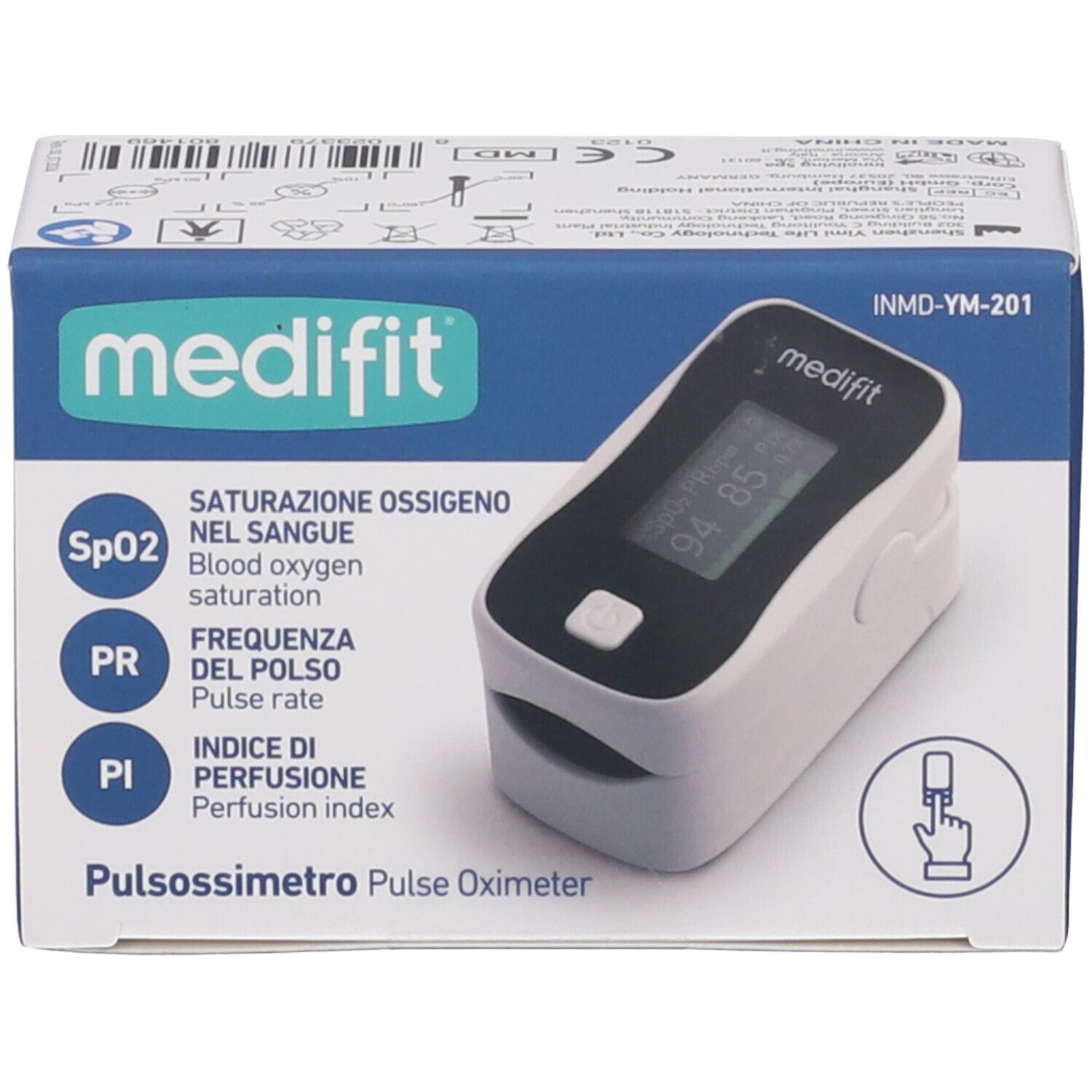 Vista frontale del Medifit Pulsossimetro. Il dispositivo mostra un display con valori. Testo: SpO2, PR, PI, Pulsossimetro, Pulse Oximeter.