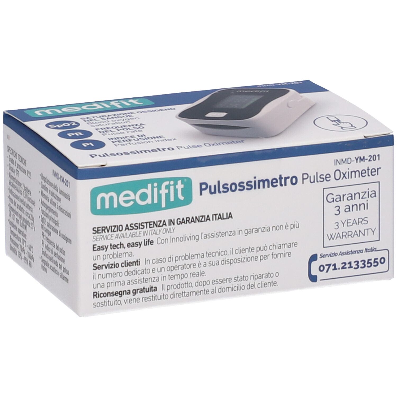 Confezione di Medifit Pulsossimetro. Il dispositivo è raffigurato in alto. Testo: Medifit, Pulsossimetro, Pulse Oximeter, Garanzia 3 anni.
