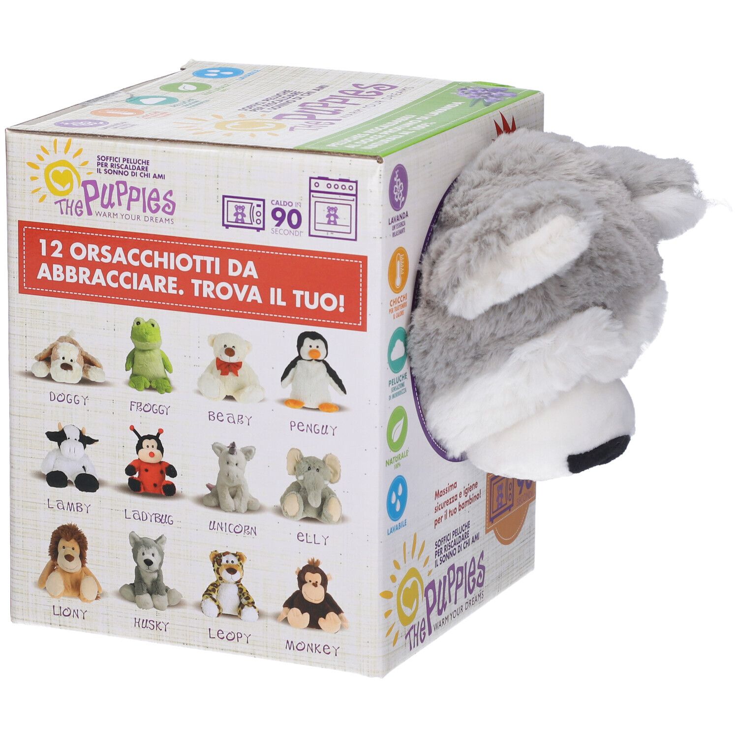 Confezione del prodotto con testa di peluche Husky. Stampa con 12 peluche animali. Logo The Puppies. Simbolo lavabile.