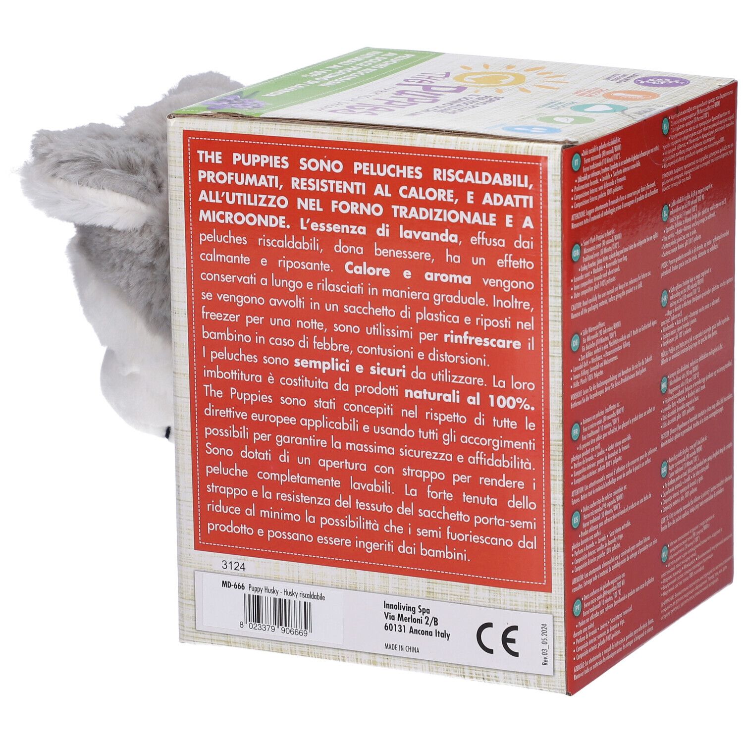 Confezione del prodotto con testa di peluche Husky. Informazioni testuali su sfondo rosso. Marchio CE. Simbolo lavabile.
