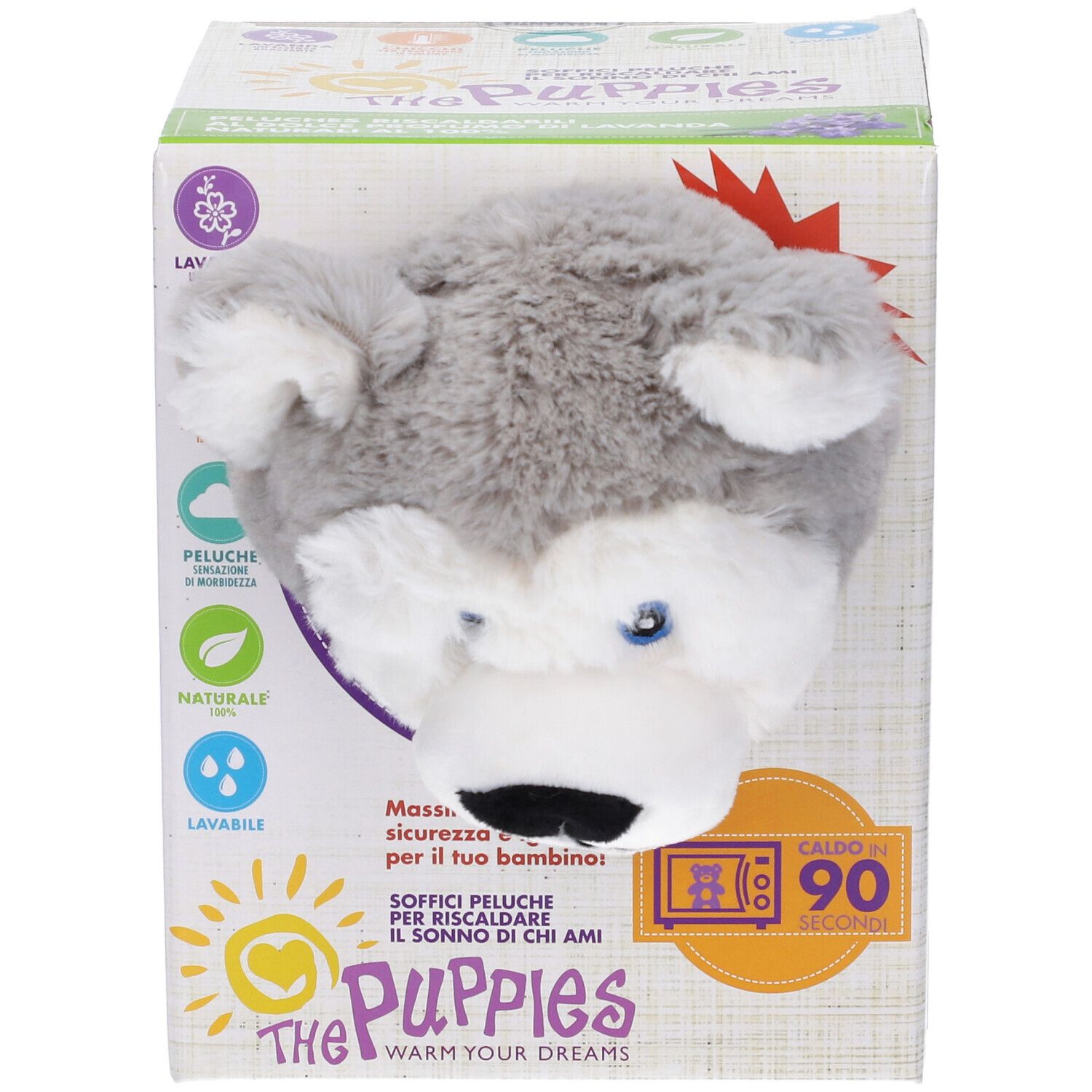 Testa di peluche Husky grigio-bianco dalla confezione. Confezione con informazioni e logo del prodotto. Simbolo microonde.
