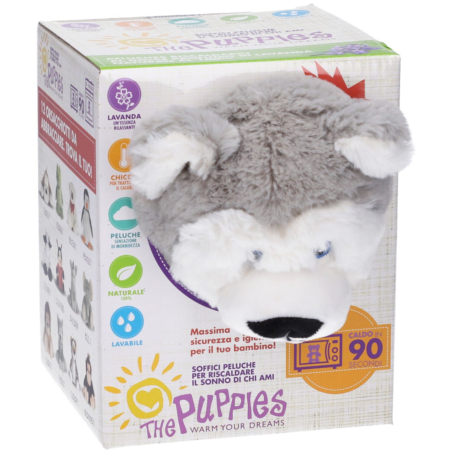 Confezione del prodotto con testa di peluche Husky. Stampa con 12 peluche animali. Logo The Puppies. Simbolo lavabile.