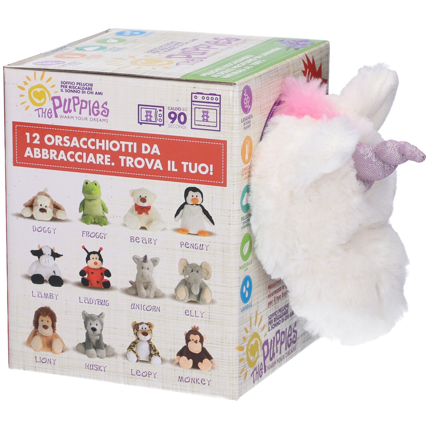 Confezione con illustrazione di 12 peluche. Un peluche unicorno sporge. Nome e logo del prodotto visibili.