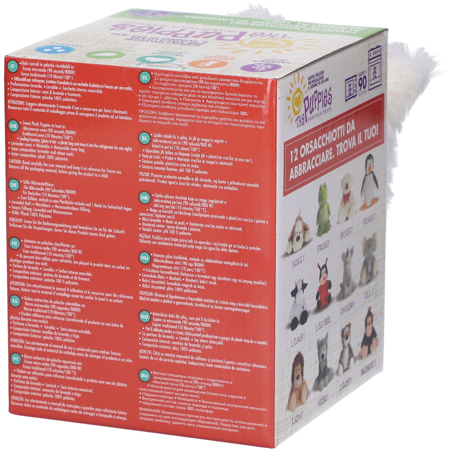 Retro della confezione con testo in italiano. Illustrazioni di 12 peluche. Nome e logo del prodotto visibili.