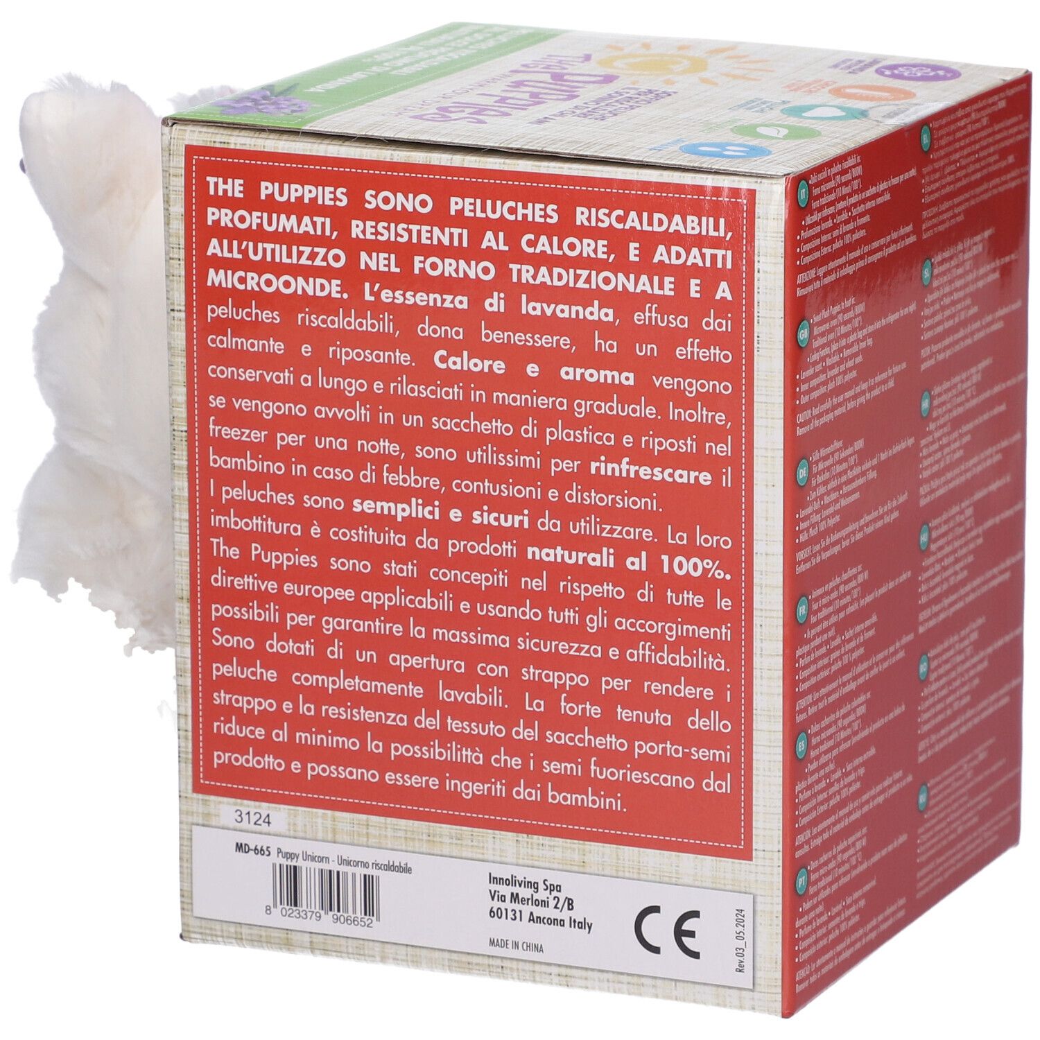 Confezione con testo in italiano. Nome del prodotto e marchio CE visibili. Una parte del peluche è visibile.