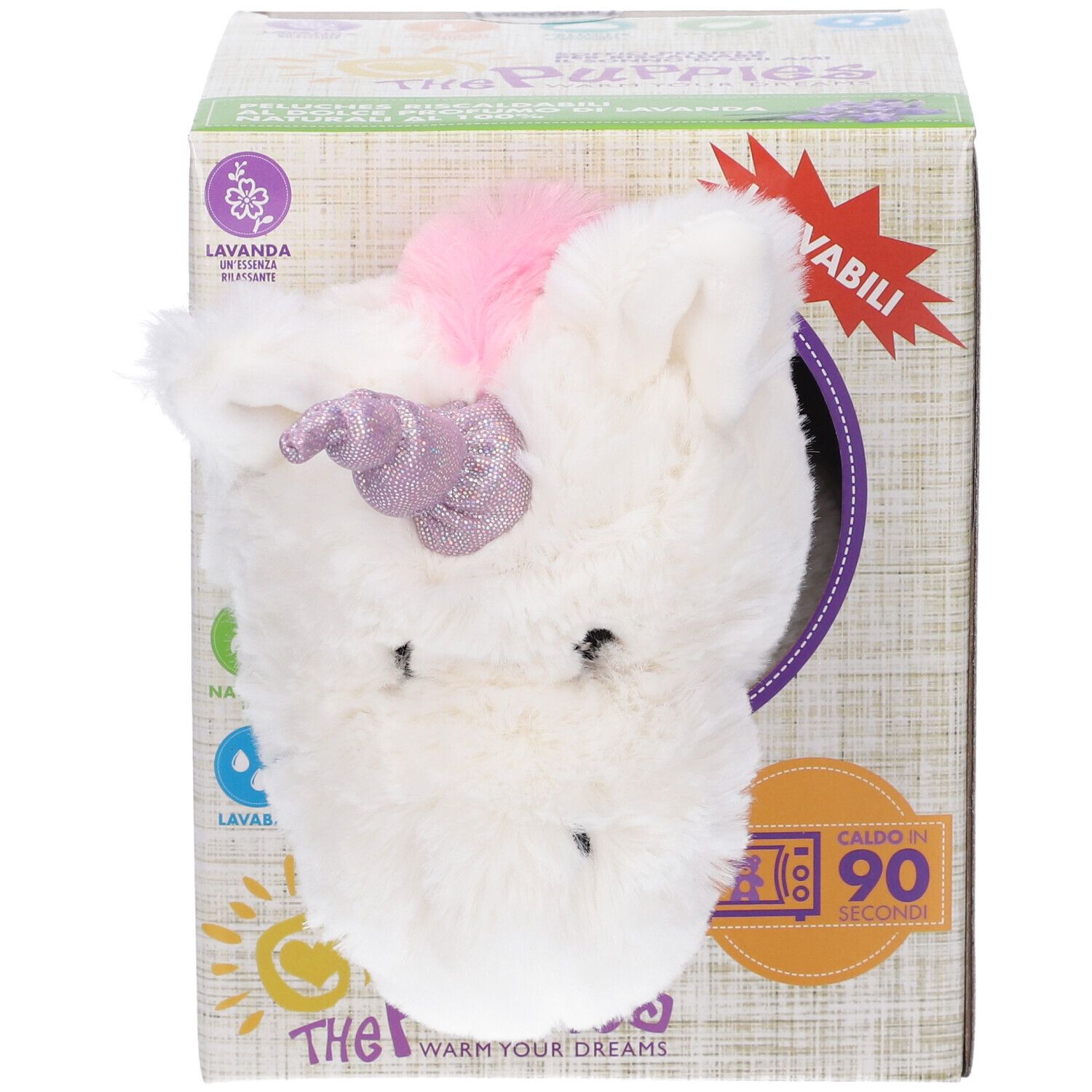 Peluche unicorno bianco con criniera rosa e corno viola, parzialmente fuori dalla confezione. Confezione con nome prodotto e logo lavanda.