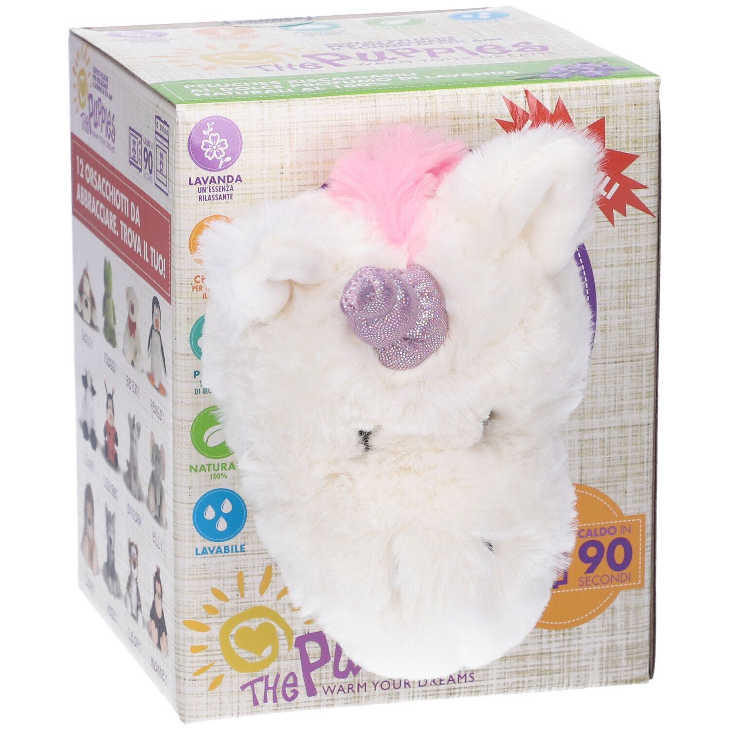 Peluche unicorno bianco con criniera rosa e corno viola, parzialmente fuori dalla confezione. Confezione con nome prodotto e logo lavanda.