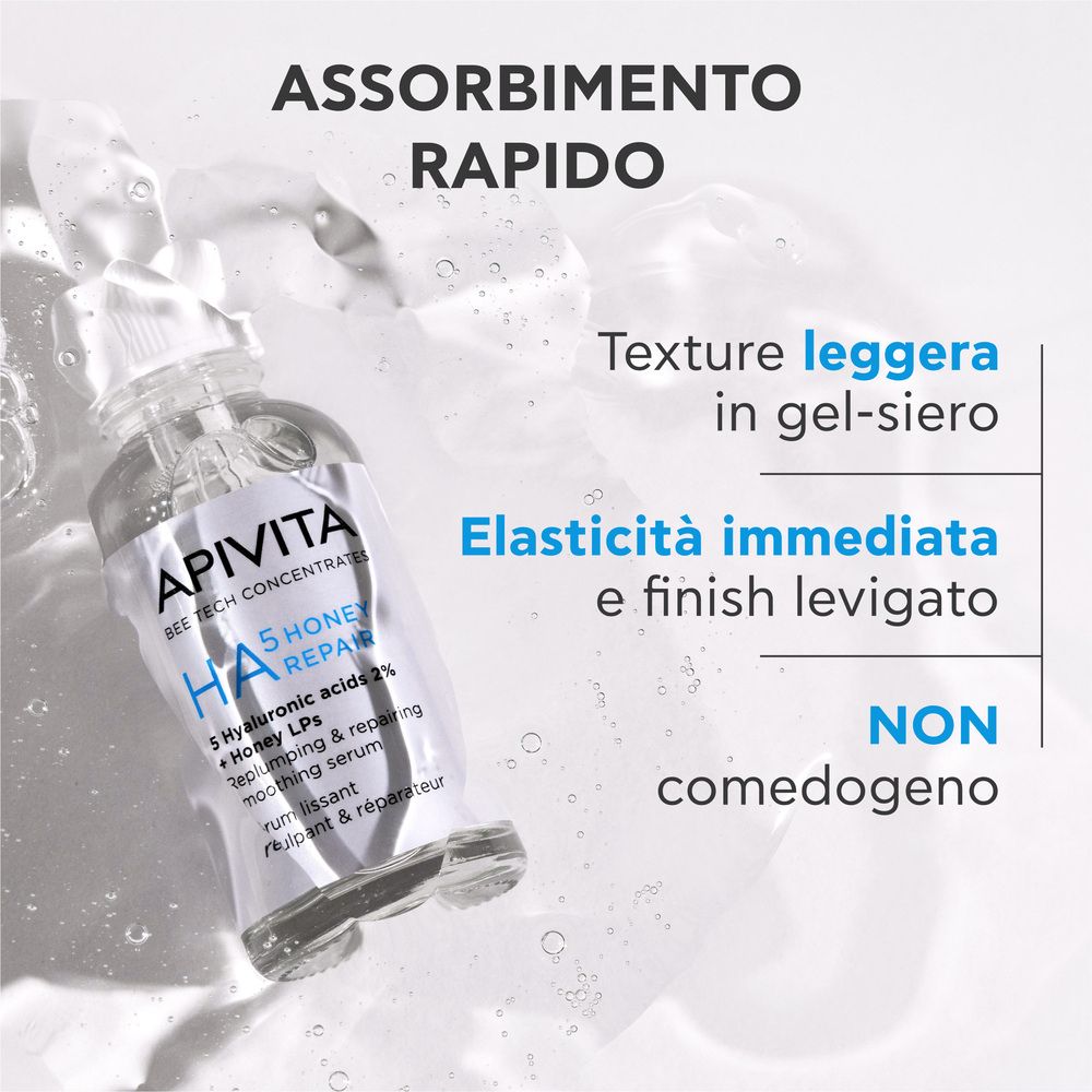 Flacone Apivita HA5 Honey Repair Siero Viso. Testo: Assorbimento Rapido. Texture, elasticità, non comedogeno.