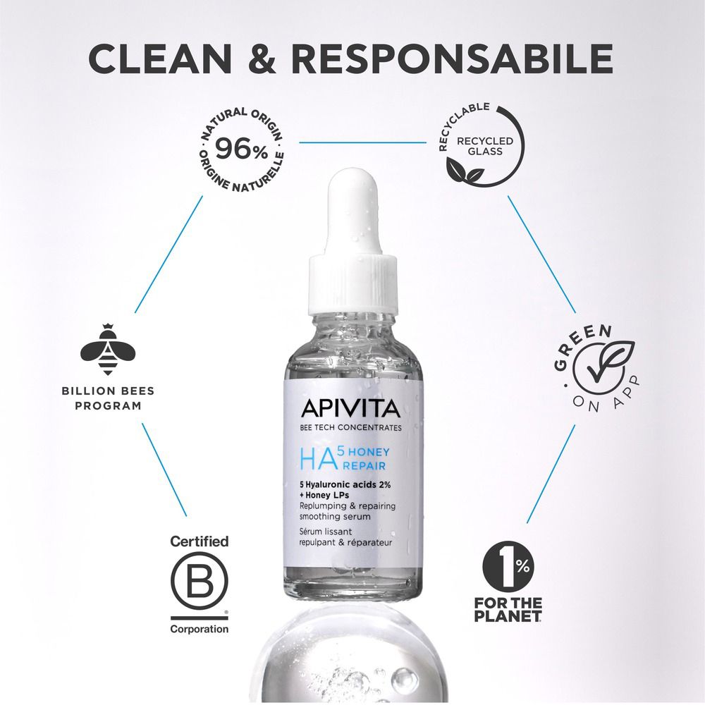 Flacone Apivita HA5 Honey Repair Siero Viso. Testo: Clean & Responsabile. Certificazioni e loghi.