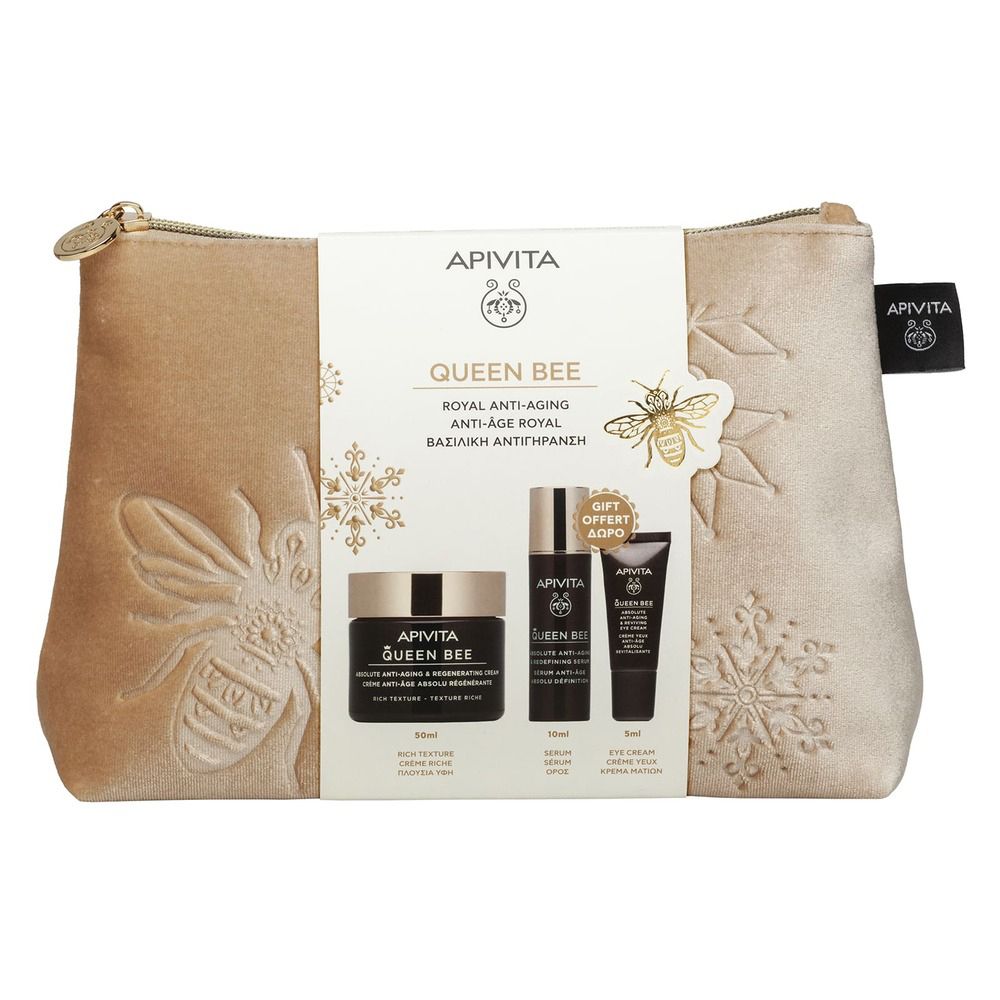Set regalo cosmetico con pochette dorata, creme e sieri. Scritta: Apivita Queen Bee Royal Anti-Aging.
