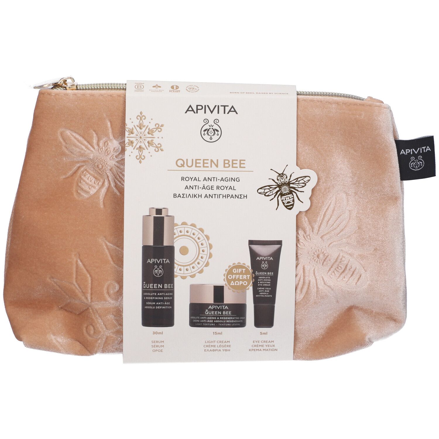 Set regalo cosmetico. Include un beauty case dorato con goffratura, un flacone, un vasetto e un tubetto. Scritta: Queen Bee.